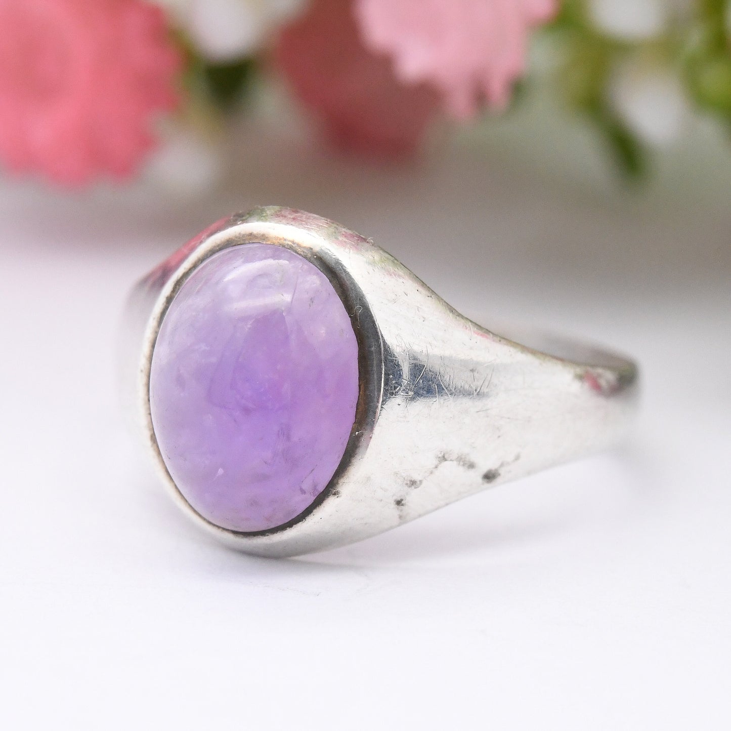 Vintage Sterling Silver Amethyst Signet Ring - Cabochon Large Purple Stone | UK Size - P | US Size - 7 1/2