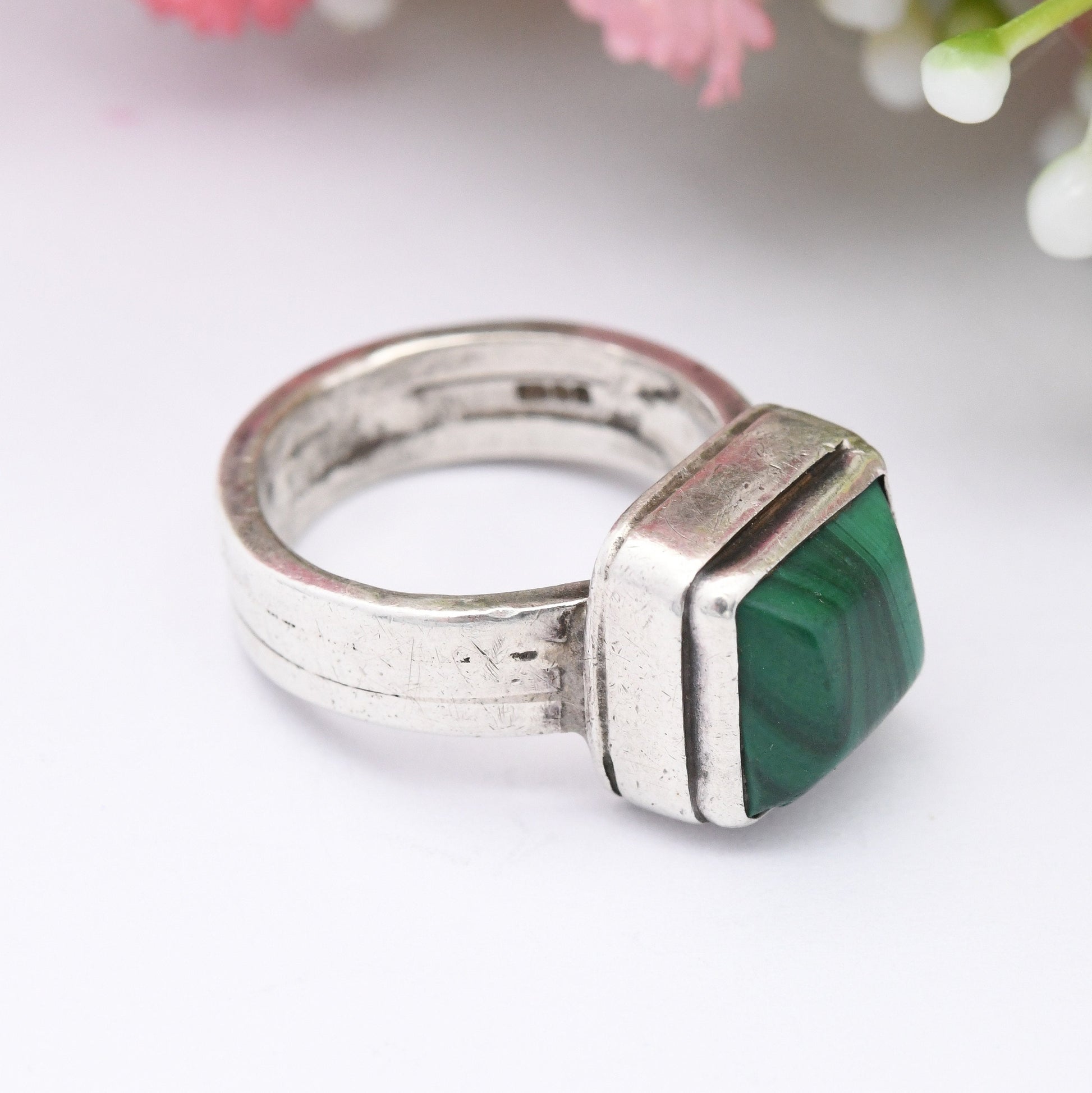 Vintage Malachite Silver Ring 1972 - Chunky Mid-Century Statement | Small Size | UK Size - H | US Size - 3 3/4