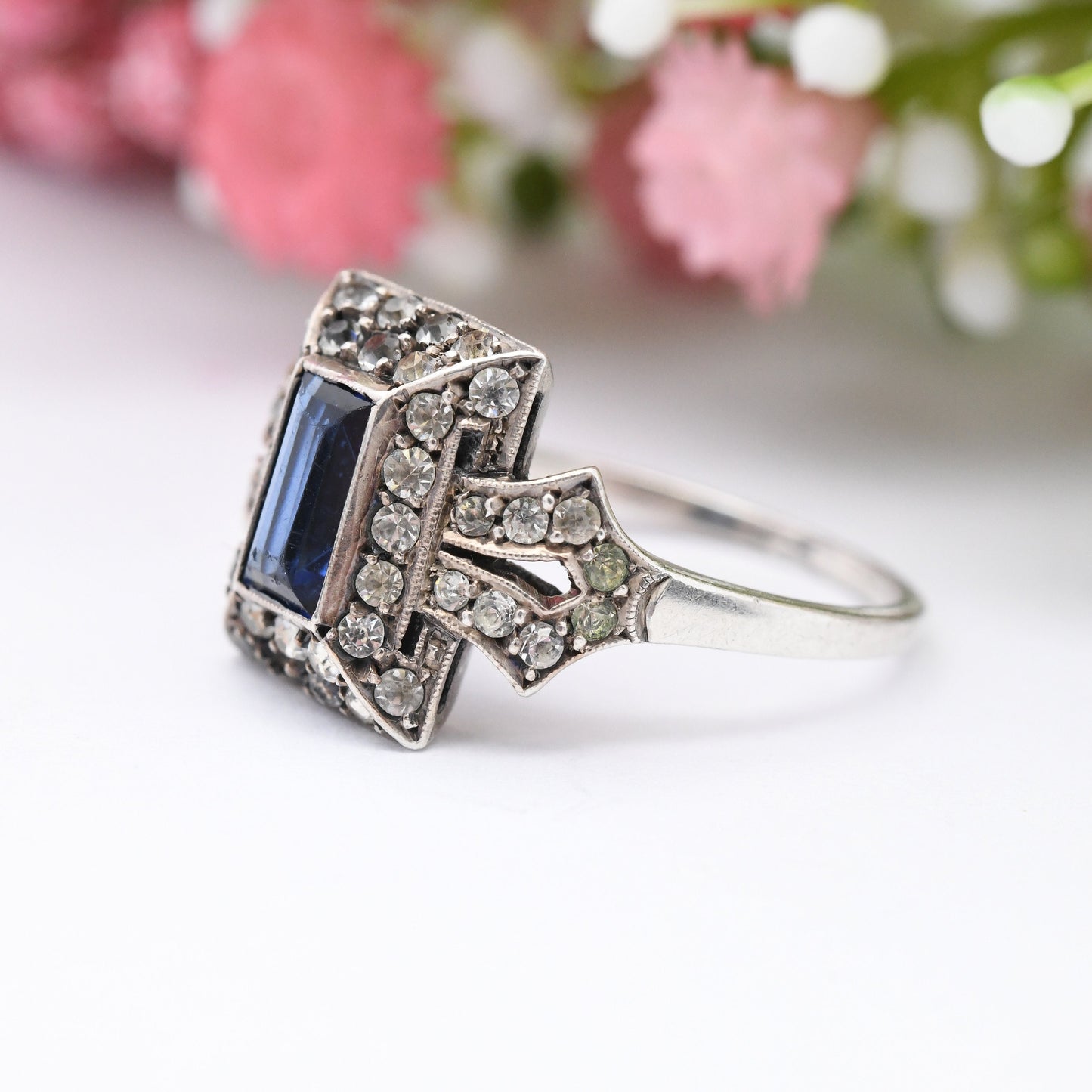 Antique Art Deco Silver Blue Paste Ring - Statement Cocktail Ring | UK Size - O 1/2 | US Size - 7 1/4