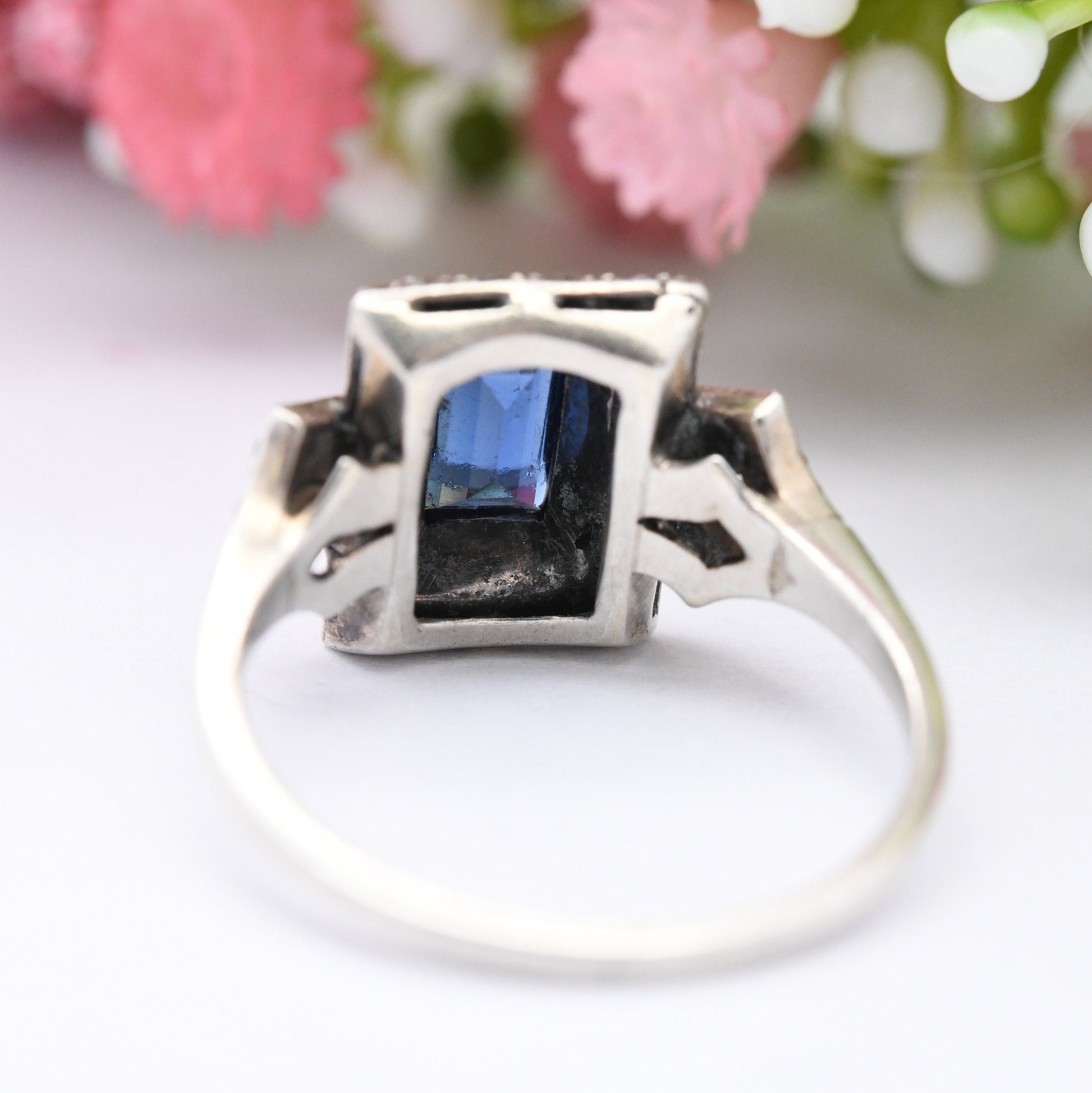 Antique Art Deco Silver Blue Paste Ring - Statement Cocktail Ring | UK Size - O 1/2 | US Size - 7 1/4