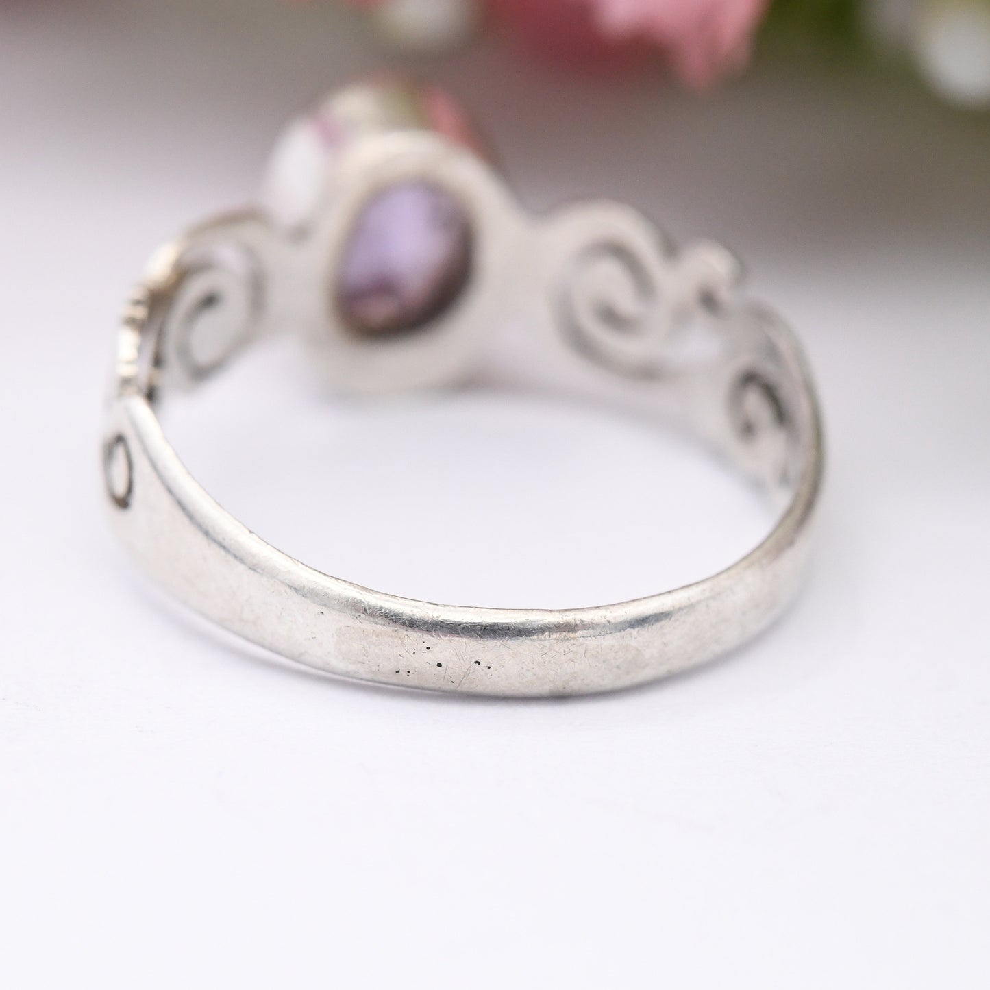 Vintage Sterling Silver Amethyst Ring with Spiral Shoulders - Large Purple Stone Solitaire | UK Size - N | US Size - 6 3/4