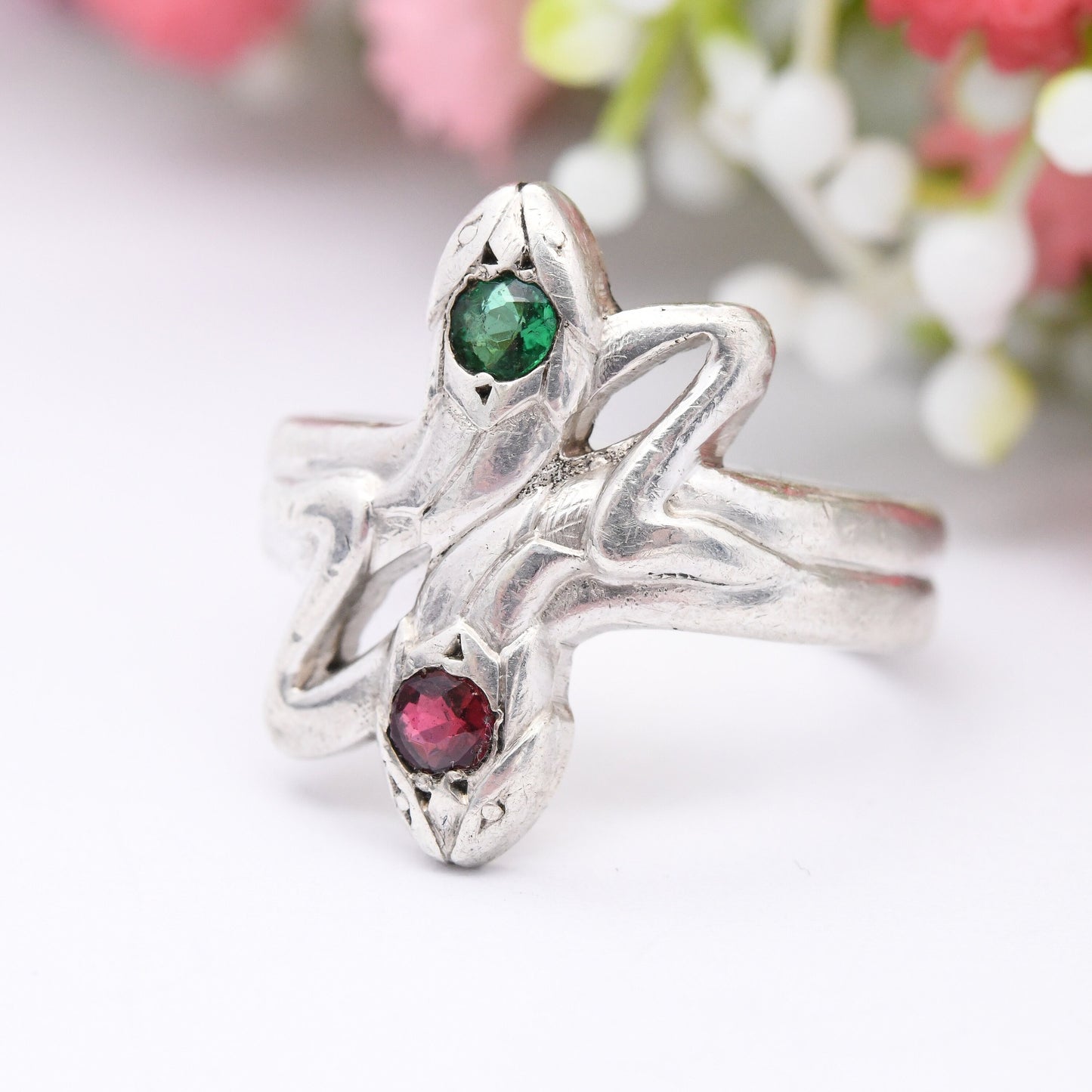 Vintage Sterling Silver Snake Ring with Double Heads Red and Green Stones - Coiled Snake Band | UK Size - N 1/2 | US Size - 7