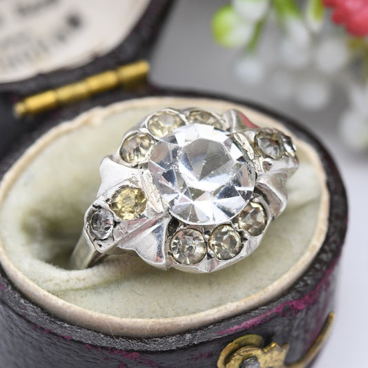 Antique French Silver Art Deco Tank Ring - Crystal Paste Stones | Cocktail Ring | UK Size - L | US Size - 5 3/4