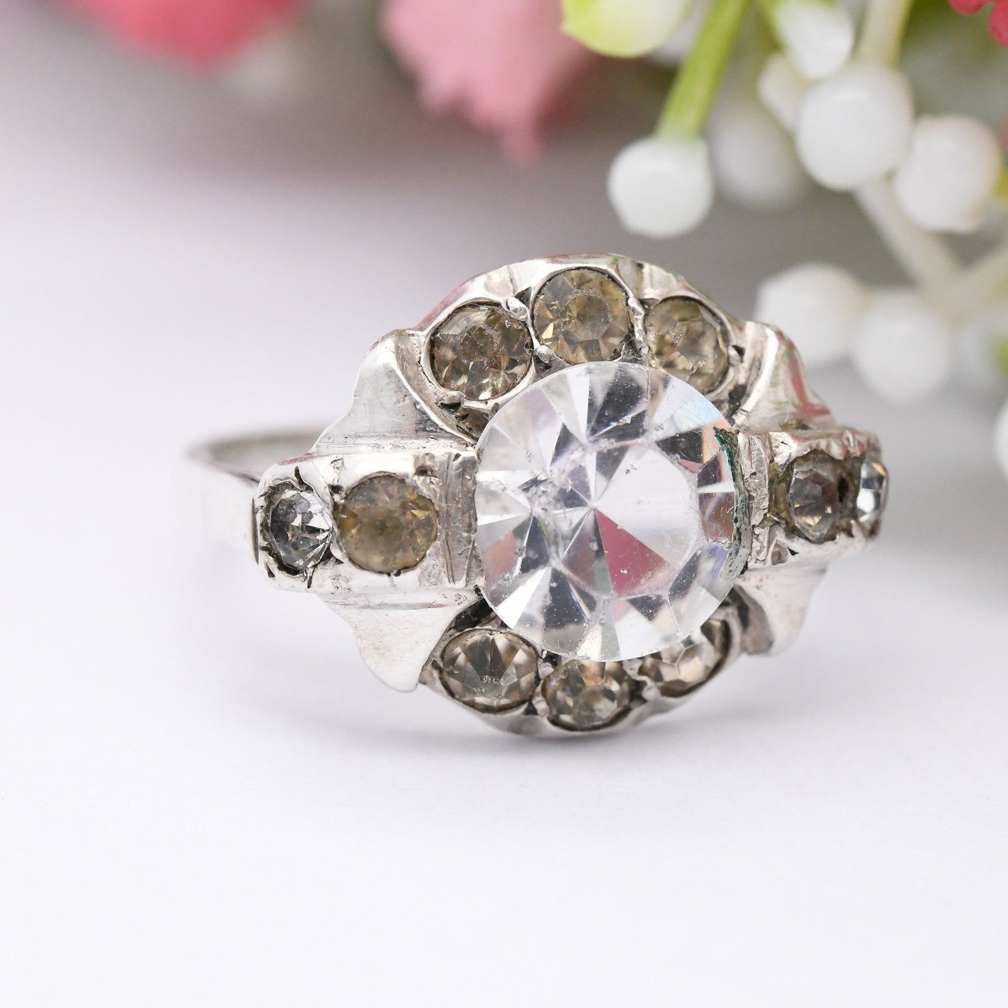 Antique French Silver Art Deco Tank Ring - Crystal Paste Stones | Cocktail Ring | UK Size - L | US Size - 5 3/4