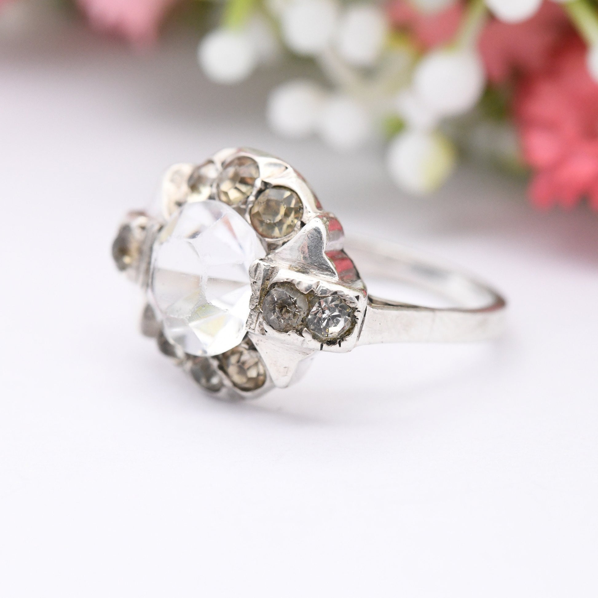 Antique French Silver Art Deco Tank Ring - Crystal Paste Stones | Cocktail Ring | UK Size - L | US Size - 5 3/4