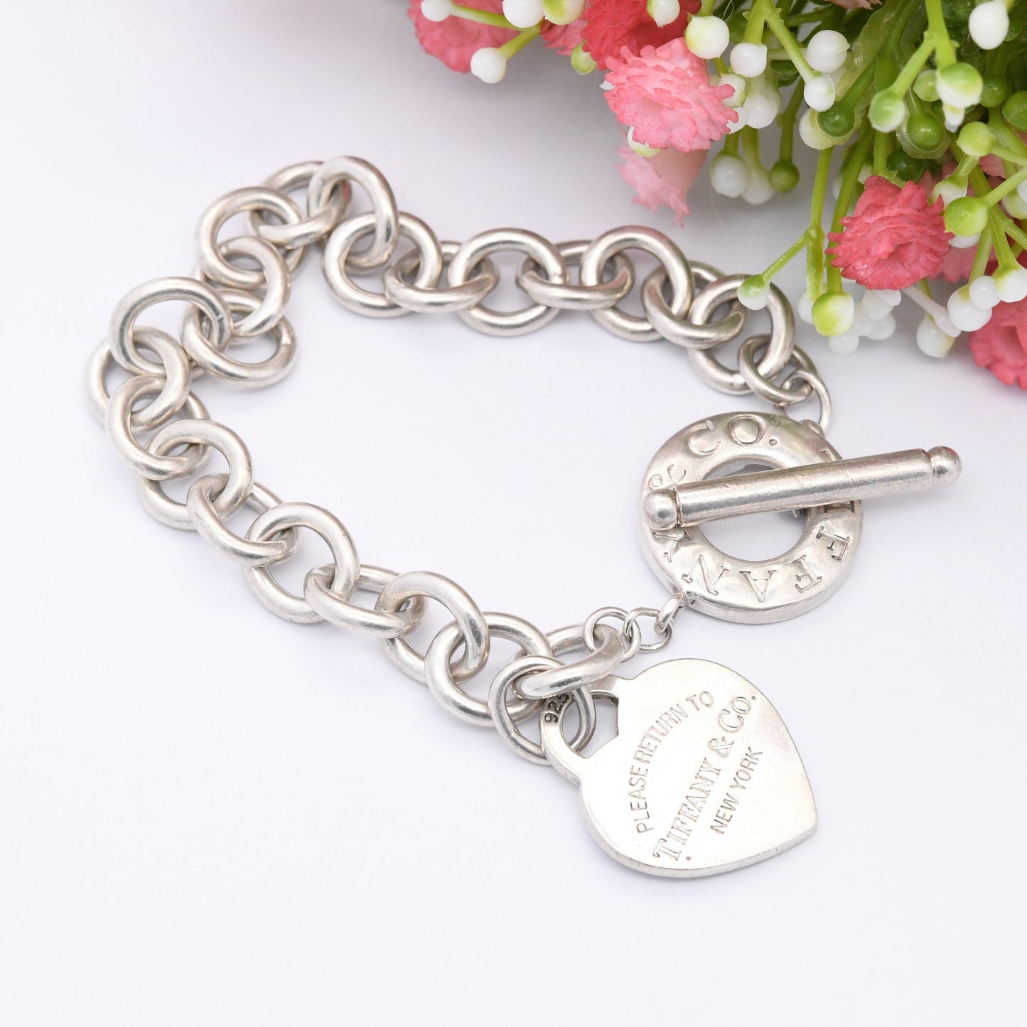 Tiffany & Co Sterling Silver Bracelet with Please Return to Tiffany Heart Tag Charm | Toggle and Ring Clasp