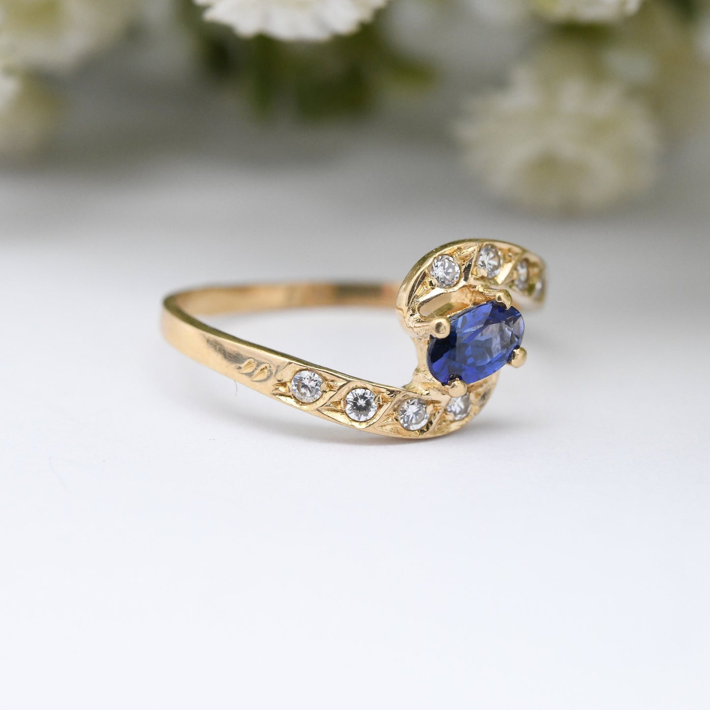 Vintage 19ct Gold Sapphire Ring - Portuguese Gold Engagement Ring | Bypass Style | with White Stones | UK Size - K | US Size - 5 1/4