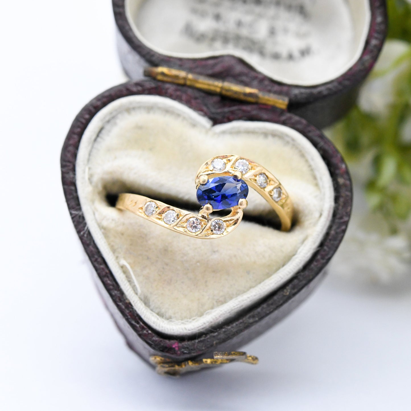 Vintage 19ct Gold Sapphire Ring - Portuguese Gold Engagement Ring | Bypass Style | with White Stones | UK Size - K | US Size - 5 1/4