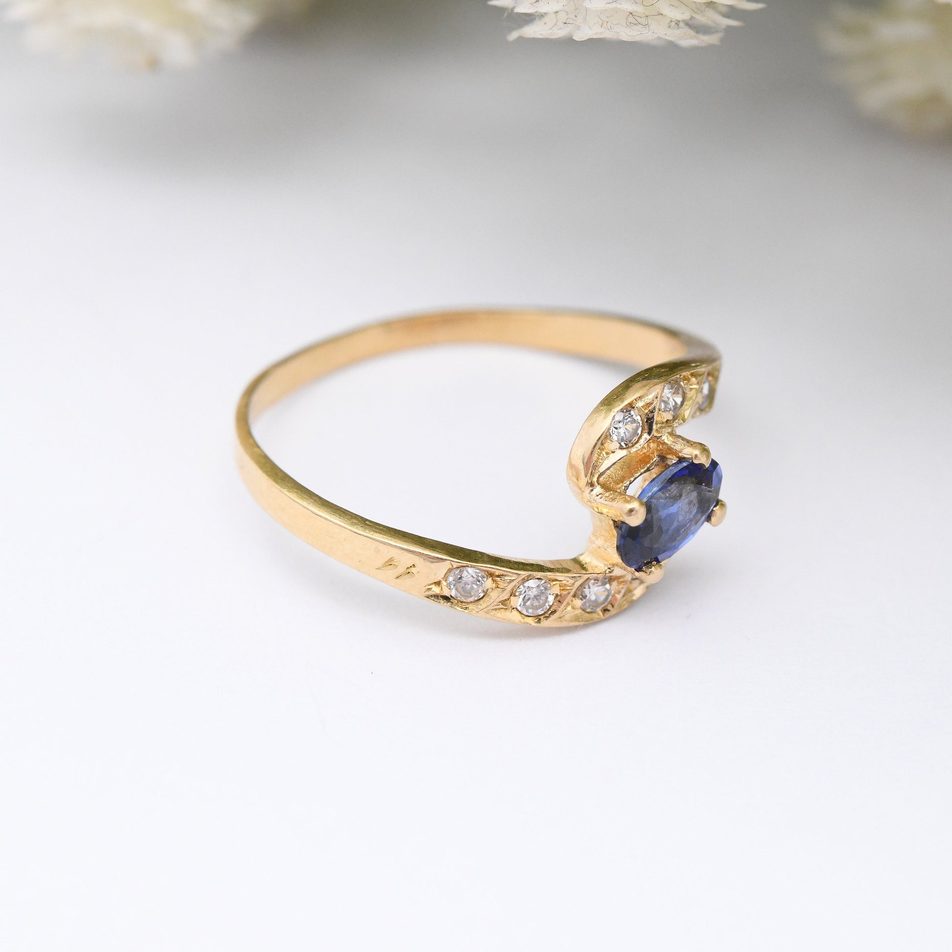 Vintage 19ct Gold Sapphire Ring - Portuguese Gold Engagement Ring | Bypass Style | with White Stones | UK Size - K | US Size - 5 1/4