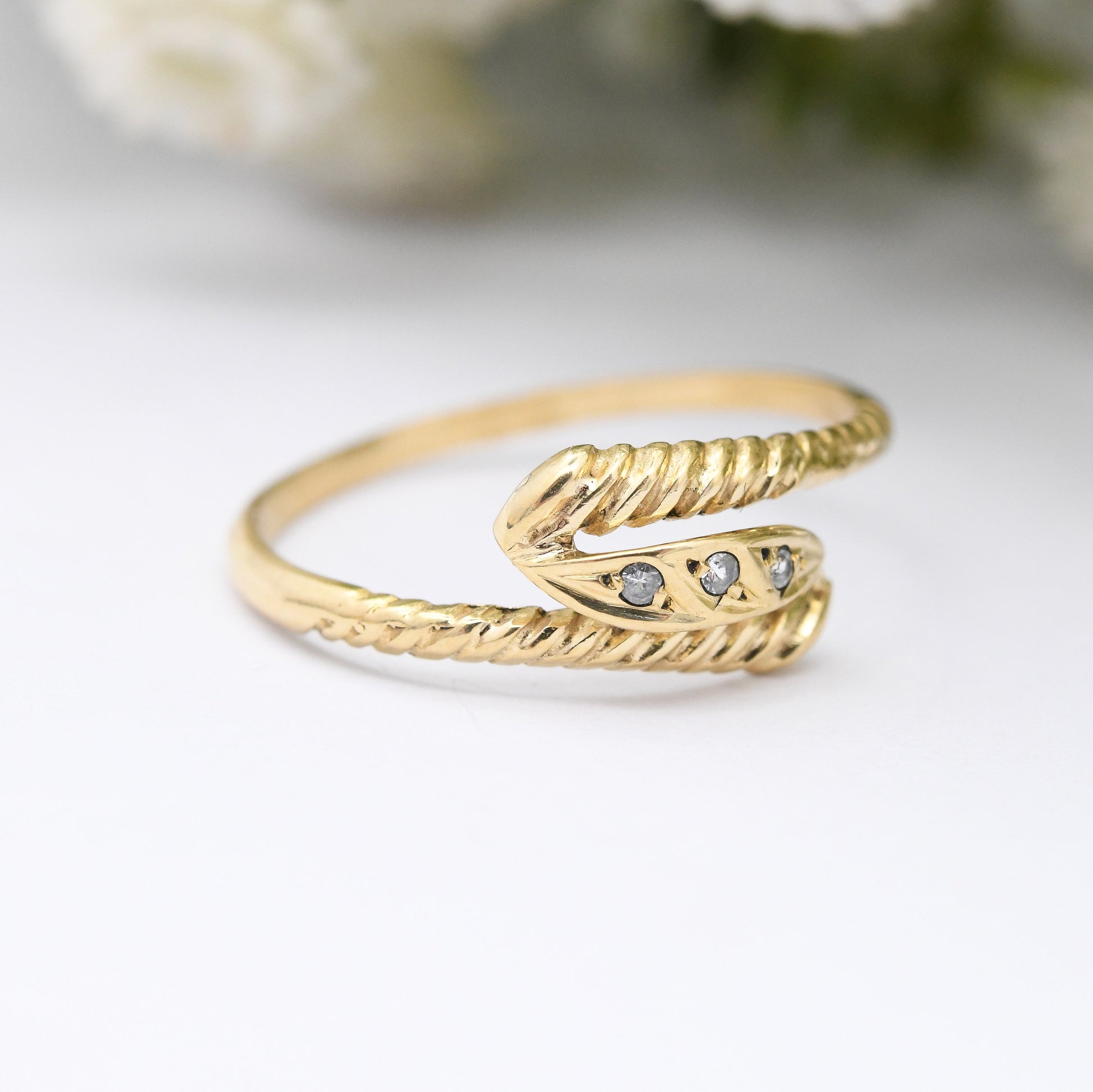 Vintage 19ct Gold Three Stone Bypass Ring - Portuguese Gold Twist Ring | Bypass Style | with White Stones | UK Size - N | US Size - 6 3/4