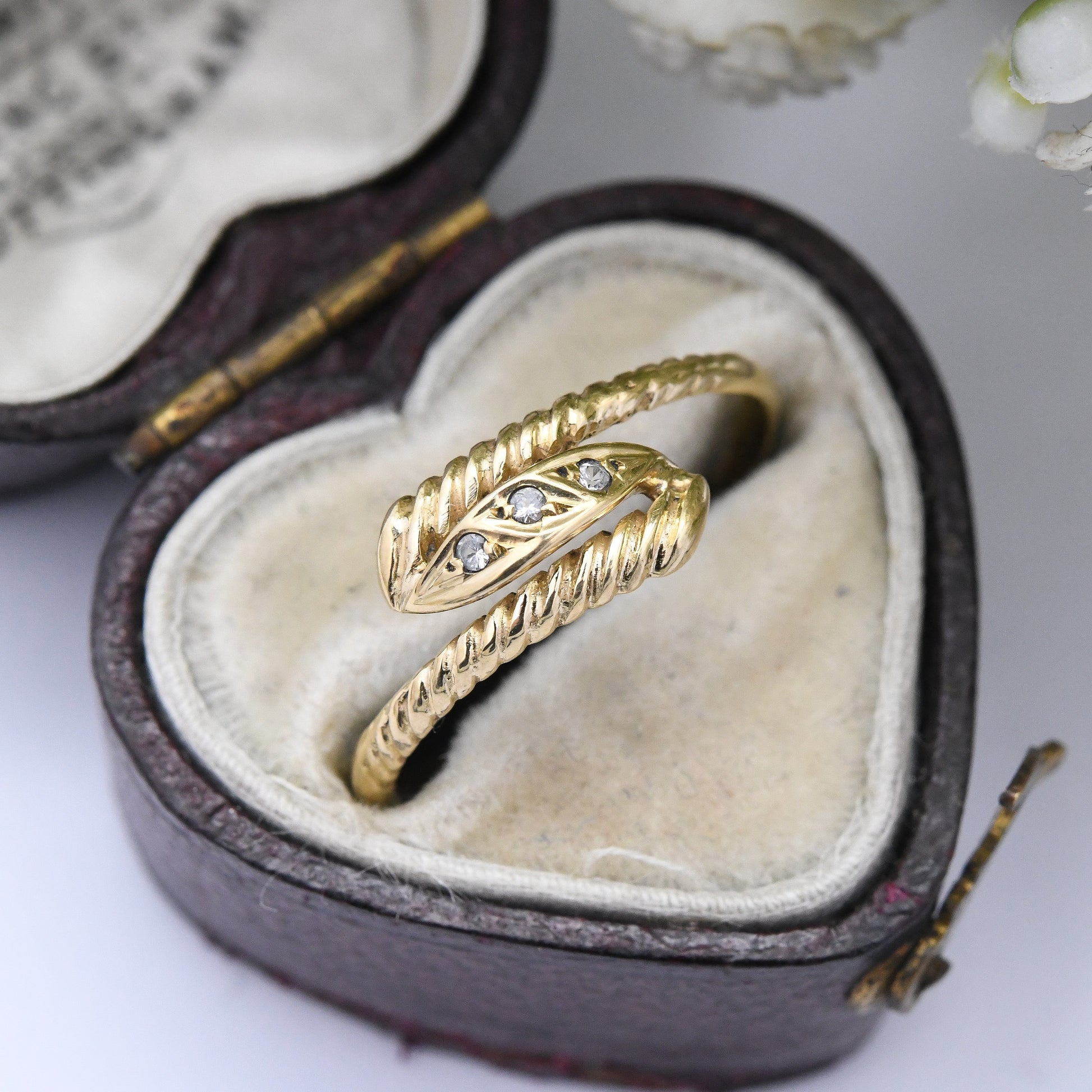 Vintage 19ct Gold Three Stone Bypass Ring - Portuguese Gold Twist Ring | Bypass Style | with White Stones | UK Size - N | US Size - 6 3/4