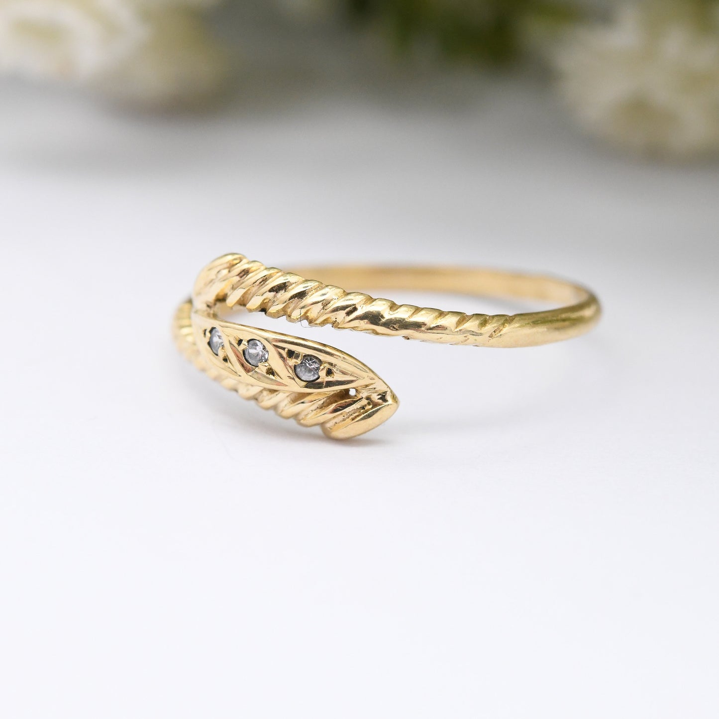 Vintage 19ct Gold Three Stone Bypass Ring - Portuguese Gold Twist Ring | Bypass Style | with White Stones | UK Size - N | US Size - 6 3/4