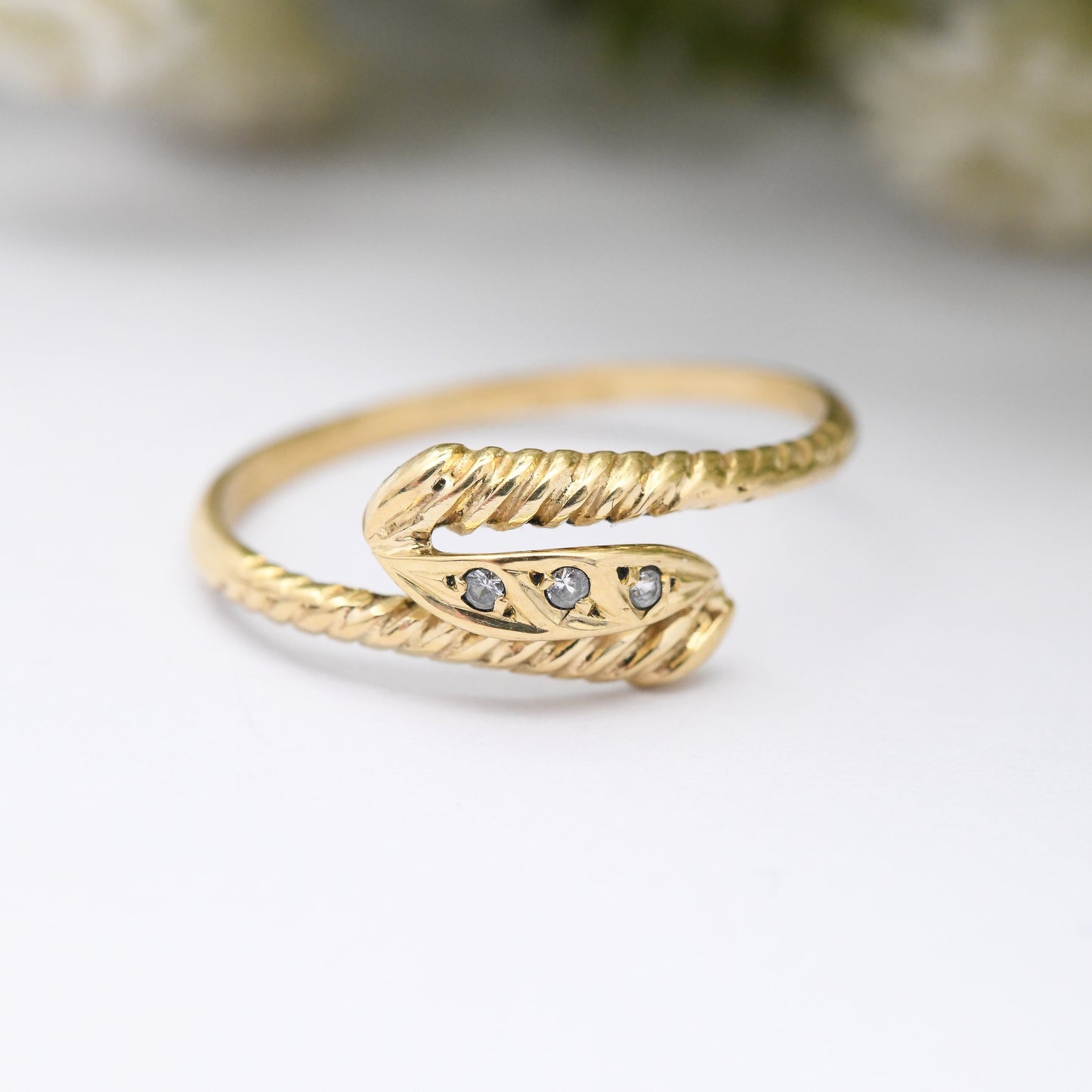 Vintage 19ct Gold Three Stone Bypass Ring - Portuguese Gold Twist Ring | Bypass Style | with White Stones | UK Size - N | US Size - 6 3/4