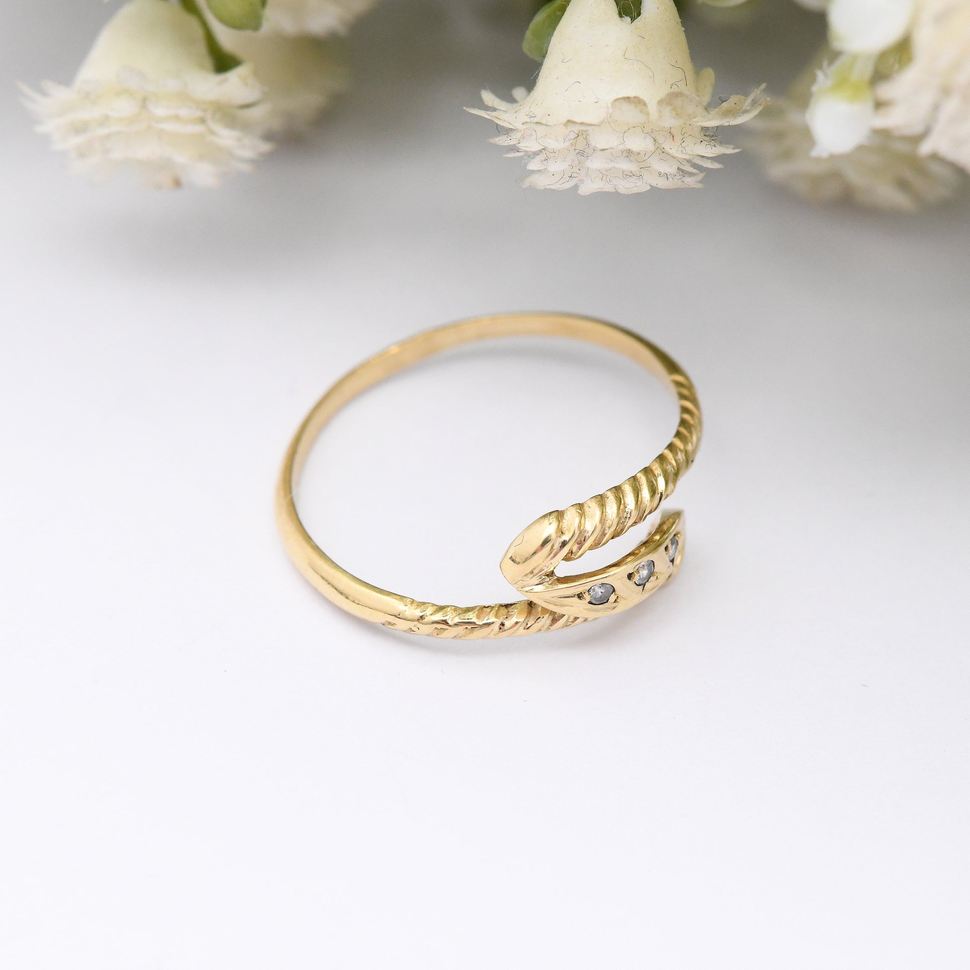 Vintage 19ct Gold Three Stone Bypass Ring - Portuguese Gold Twist Ring | Bypass Style | with White Stones | UK Size - N | US Size - 6 3/4