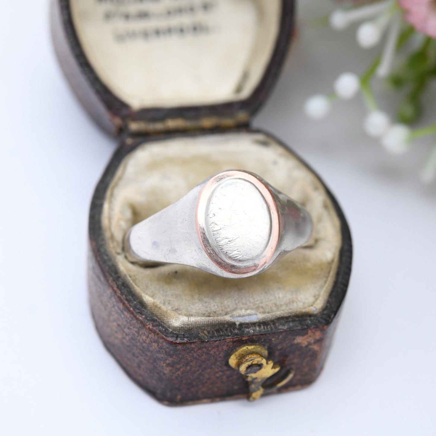 Vintage Silver Signet Ring with Rose Gold Plated Border - Portuguese Silver Jewellery | Mid-Century Unisex | UK Size - U | US Size - 10