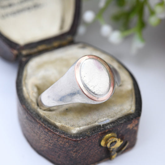 Vintage Silver Signet Ring with Rose Gold Plated Border - Portuguese Silver Jewellery | Mid-Century Unisex | UK Size - U | US Size - 10