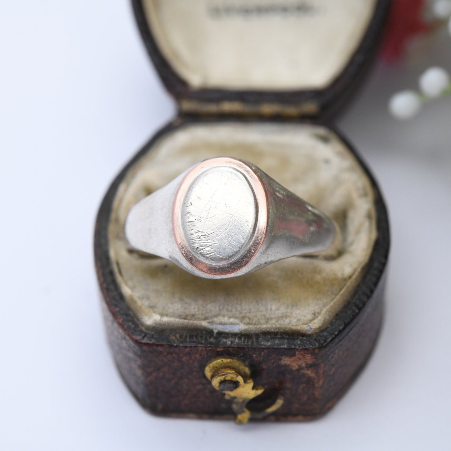 Vintage Silver Signet Ring with Rose Gold Plated Border - Portuguese Silver Jewellery | Mid-Century Unisex | UK Size - U | US Size - 10