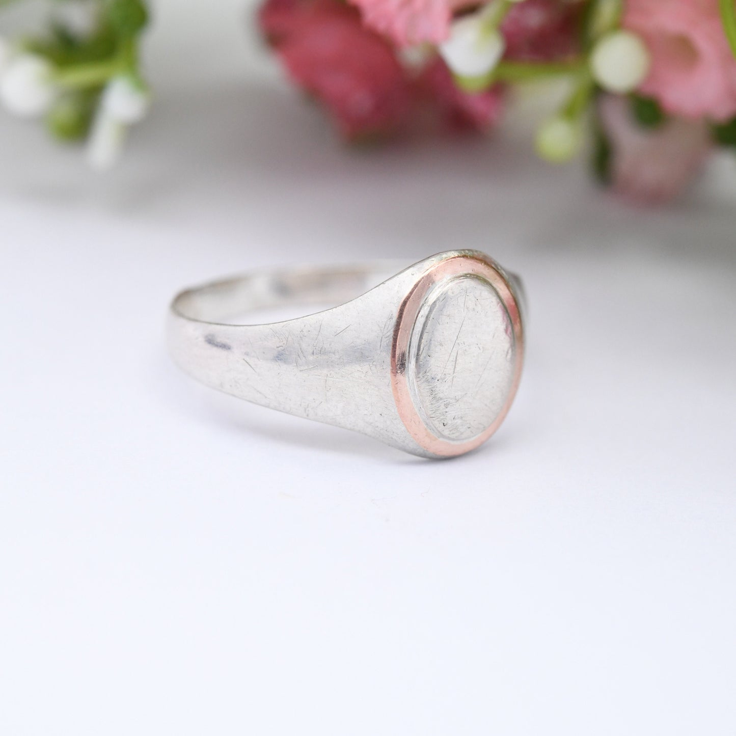 Vintage Silver Signet Ring with Rose Gold Plated Border - Portuguese Silver Jewellery | Mid-Century Unisex | UK Size - U | US Size - 10