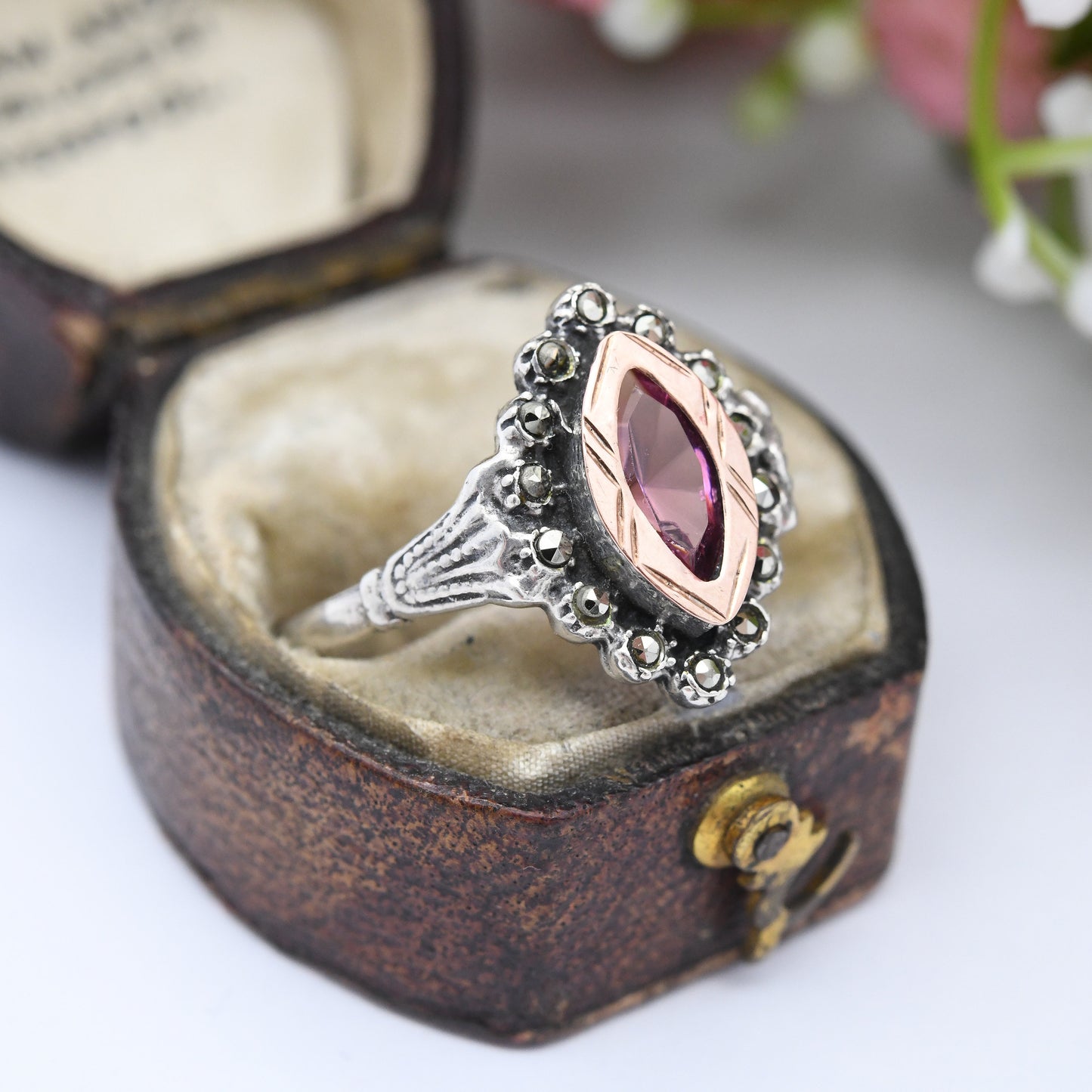 Vintage Portuguese Gold and Silver Statement Ring with Pink Glass and Marcasite Stones - Art Deco Style | UK Size - S | US Size - 9