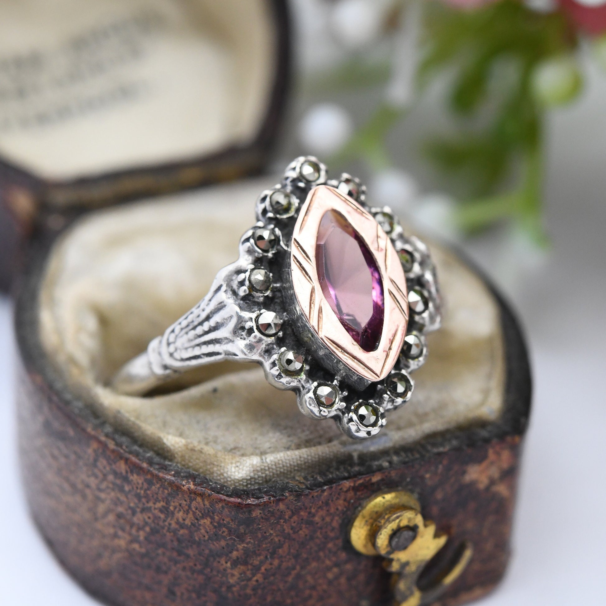 Vintage Portuguese Gold and Silver Statement Ring with Pink Glass and Marcasite Stones - Art Deco Style | UK Size - S | US Size - 9