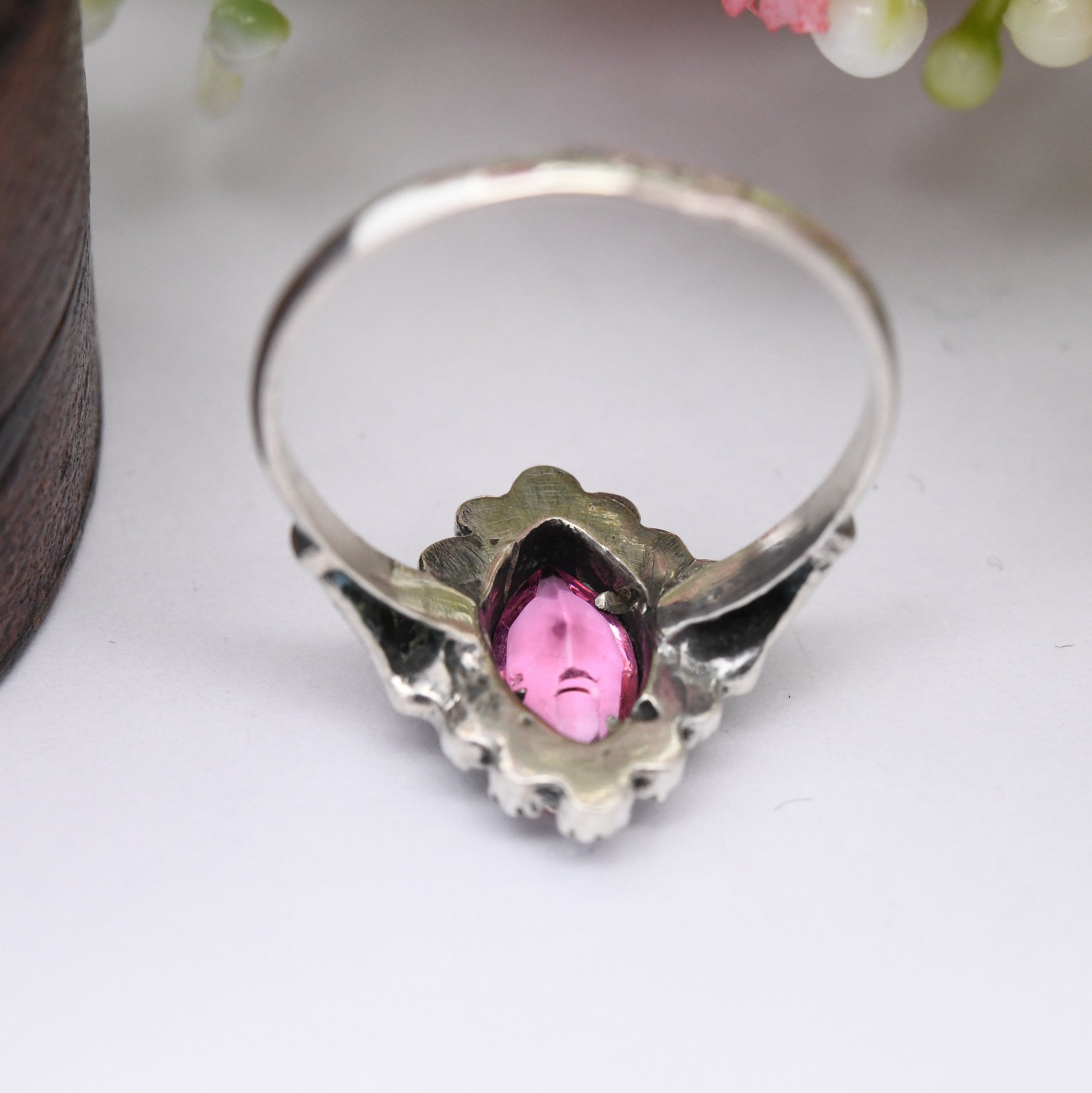 Vintage Portuguese Gold and Silver Statement Ring with Pink Glass and Marcasite Stones - Art Deco Style | UK Size - S | US Size - 9