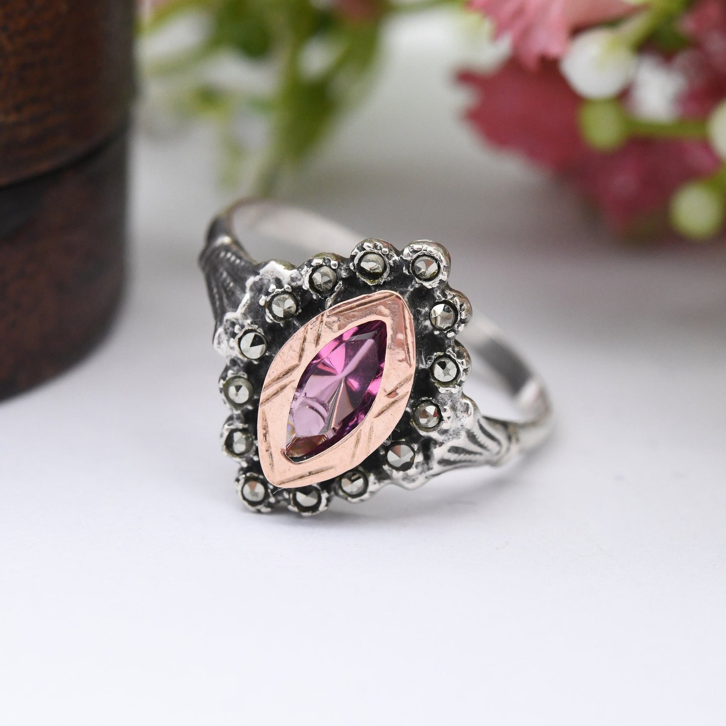 Vintage Portuguese Gold and Silver Statement Ring with Pink Glass and Marcasite Stones - Art Deco Style | UK Size - S | US Size - 9