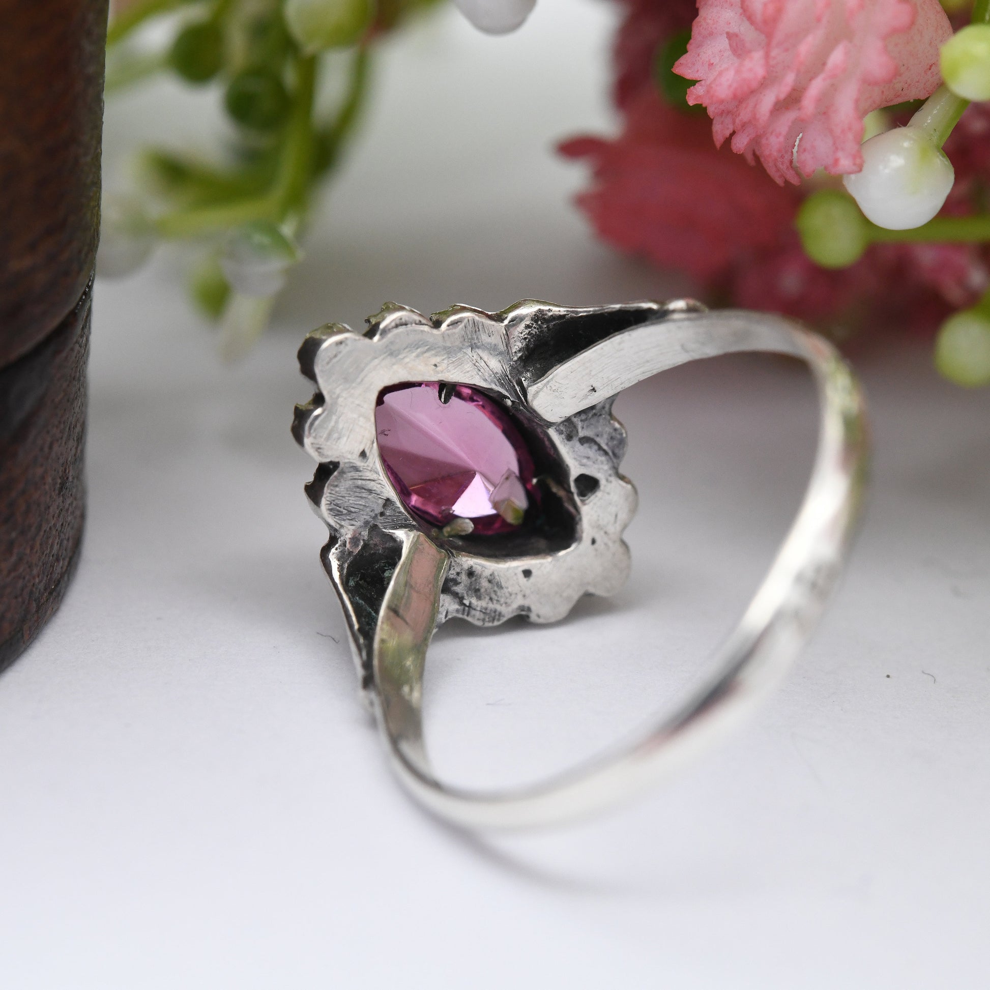 Vintage Portuguese Gold and Silver Statement Ring with Pink Glass and Marcasite Stones - Art Deco Style | UK Size - S | US Size - 9