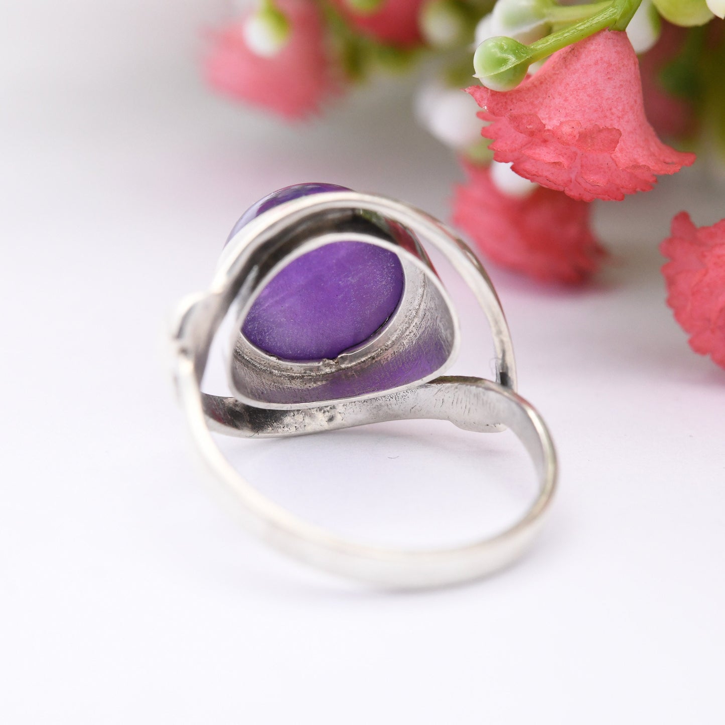 Vintage Sterling Silver Amethyst Ring Mid-Century Modern - Cabochon Large Purple Stone Unusual Statement | UK Size - M 1/2 | US Size - 6 1/2