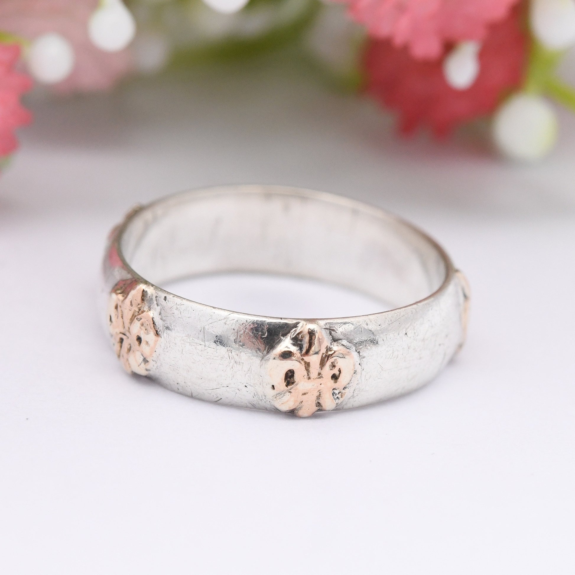 Vintage Fleur de Lis Gold and Silver Band Ring - Unusual Wedding Band | Portuguese Everyday Silver Jewellery | UK Size - L 1/2 | US Size - 6