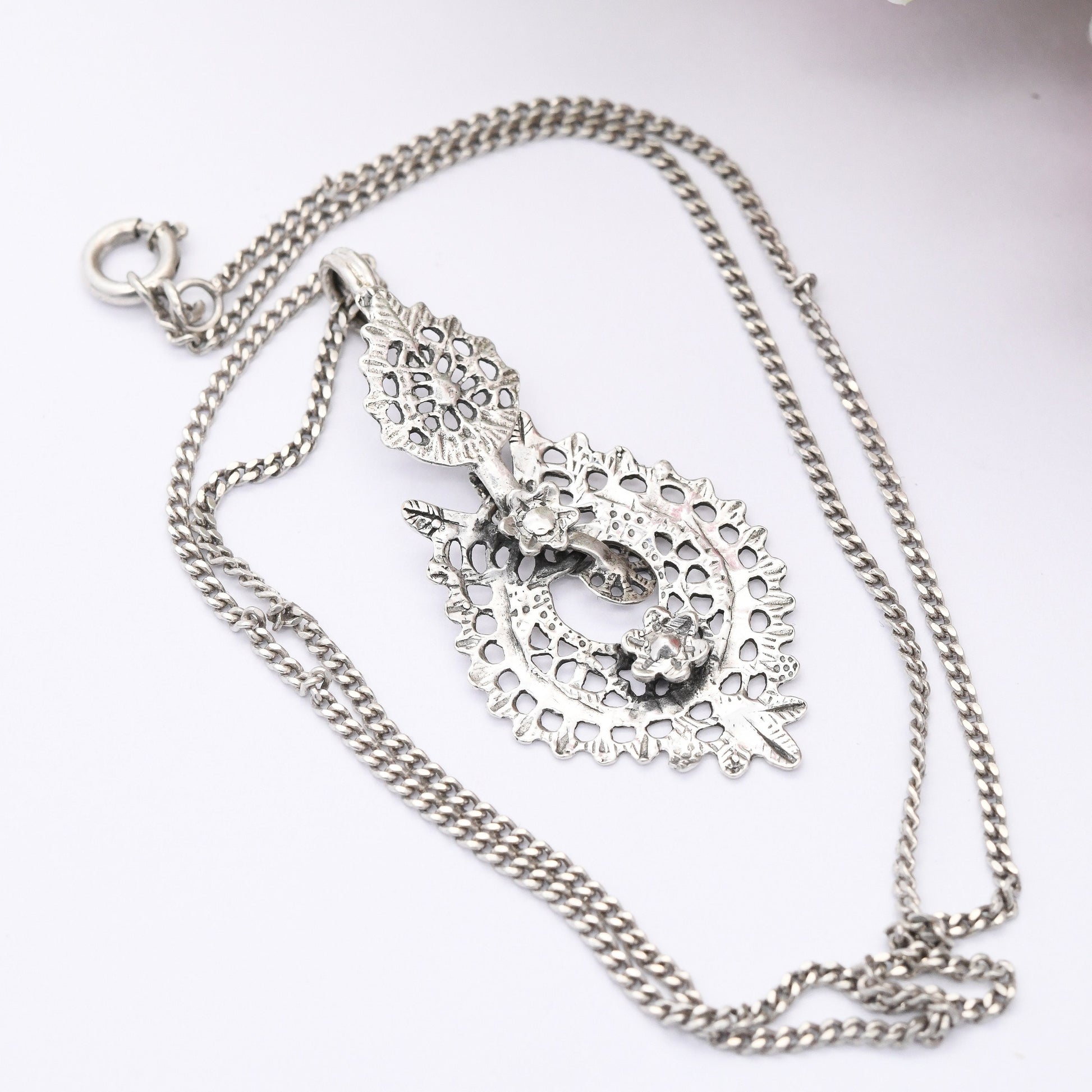 Vintage Portuguese Silver Flower Necklace with Articulated Pendant - European Victorian Style Ornate Silver Jewellery Pretty Jewelry Gift