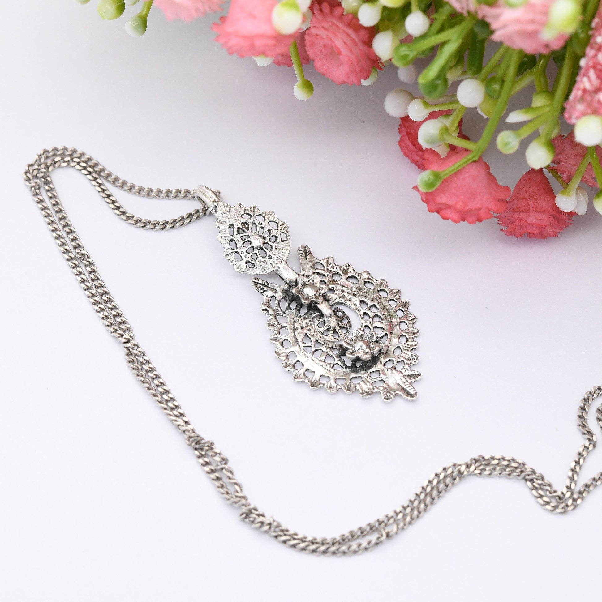 Vintage Portuguese Silver Flower Necklace with Articulated Pendant - European Victorian Style Ornate Silver Jewellery Pretty Jewelry Gift