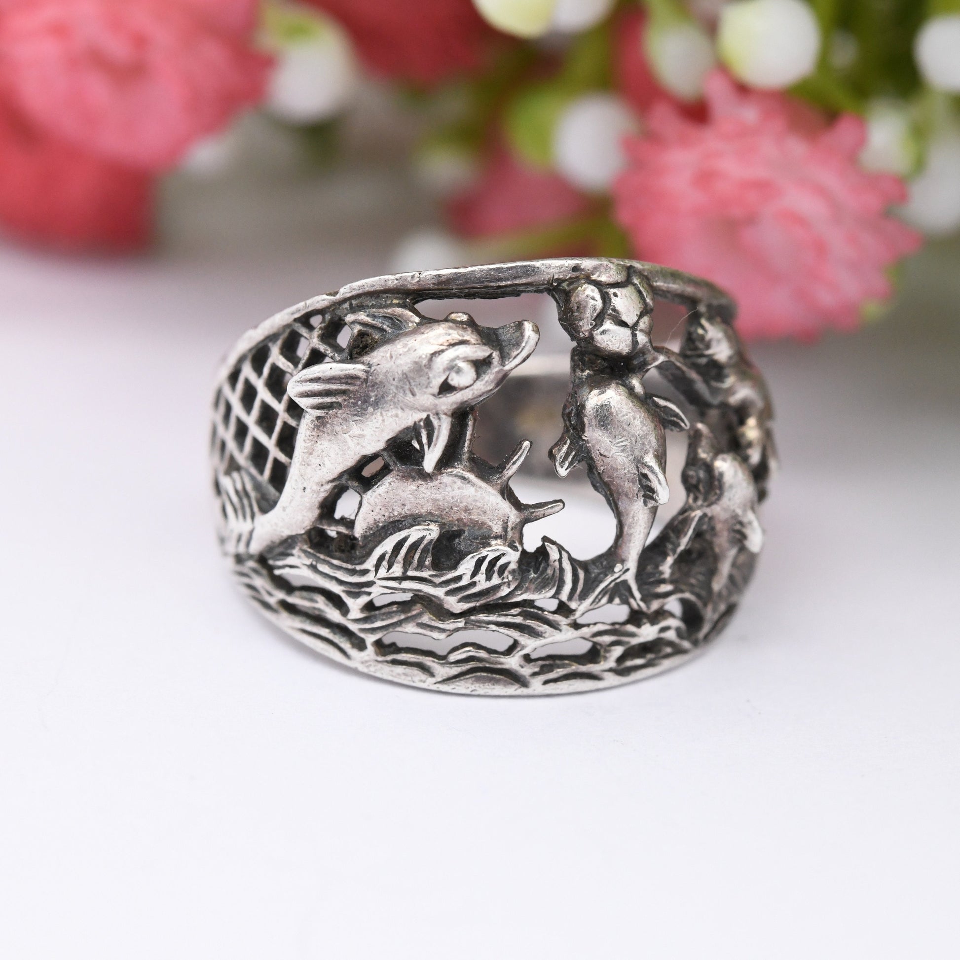 Vintage Sterling Silver Dolphins Ring Playing with Surfer - Novelty Sea Animal | Nature Lover | Openwork | UK Size - M | US Size - 6 1/4