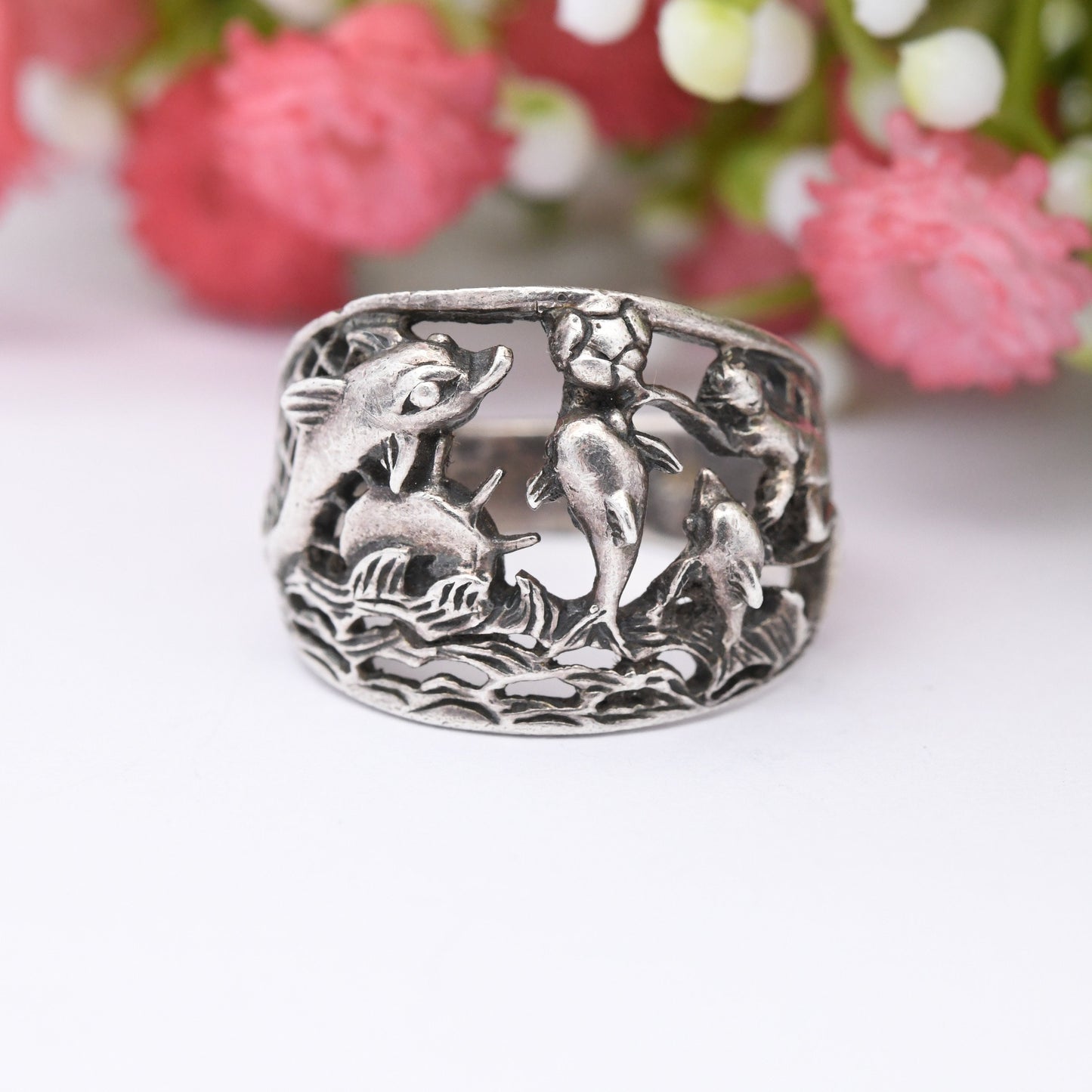 Vintage Sterling Silver Dolphins Ring Playing with Surfer - Novelty Sea Animal | Nature Lover | Openwork | UK Size - M | US Size - 6 1/4