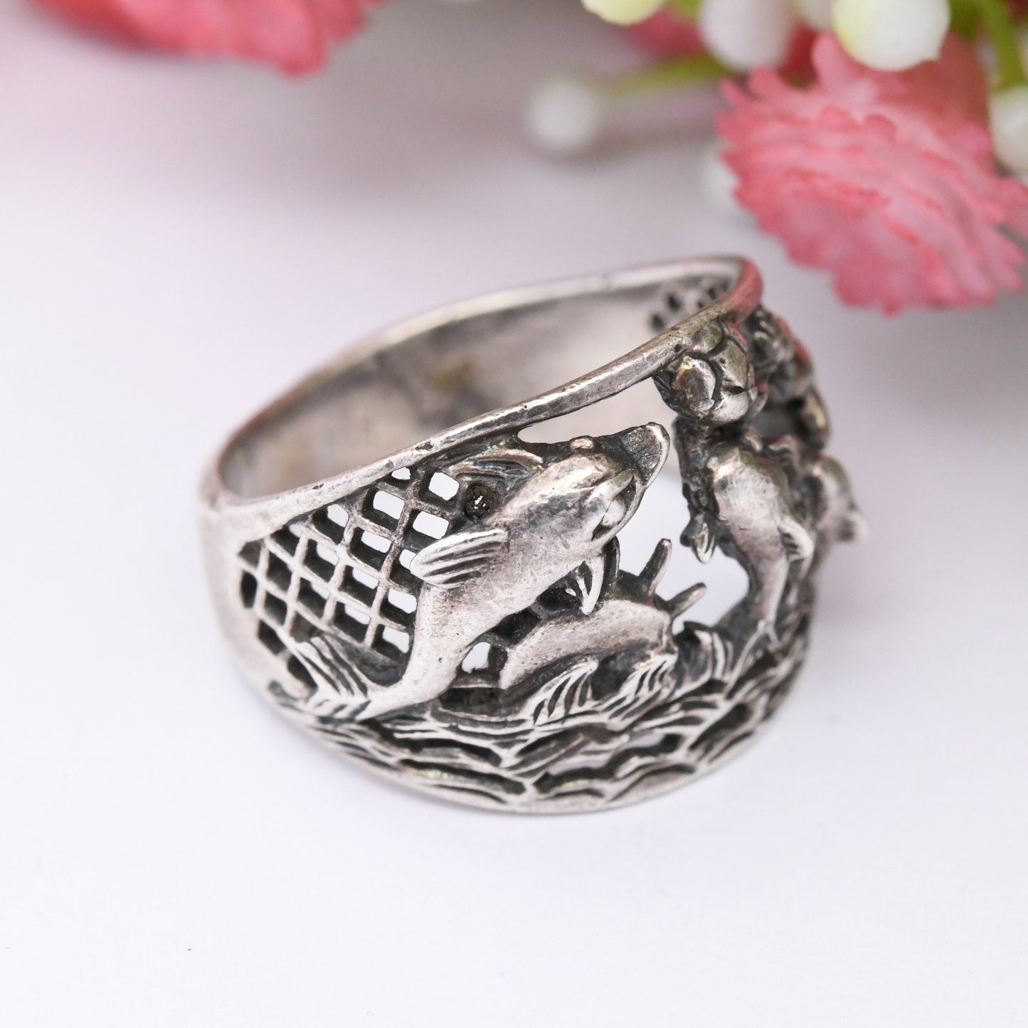 Vintage Sterling Silver Dolphins Ring Playing with Surfer - Novelty Sea Animal | Nature Lover | Openwork | UK Size - M | US Size - 6 1/4