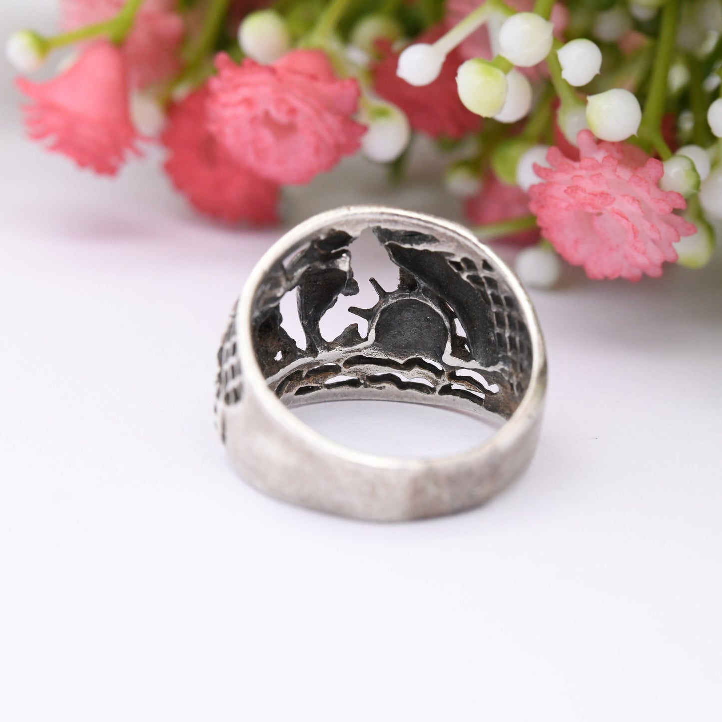 Vintage Sterling Silver Dolphins Ring Playing with Surfer - Novelty Sea Animal | Nature Lover | Openwork | UK Size - M | US Size - 6 1/4