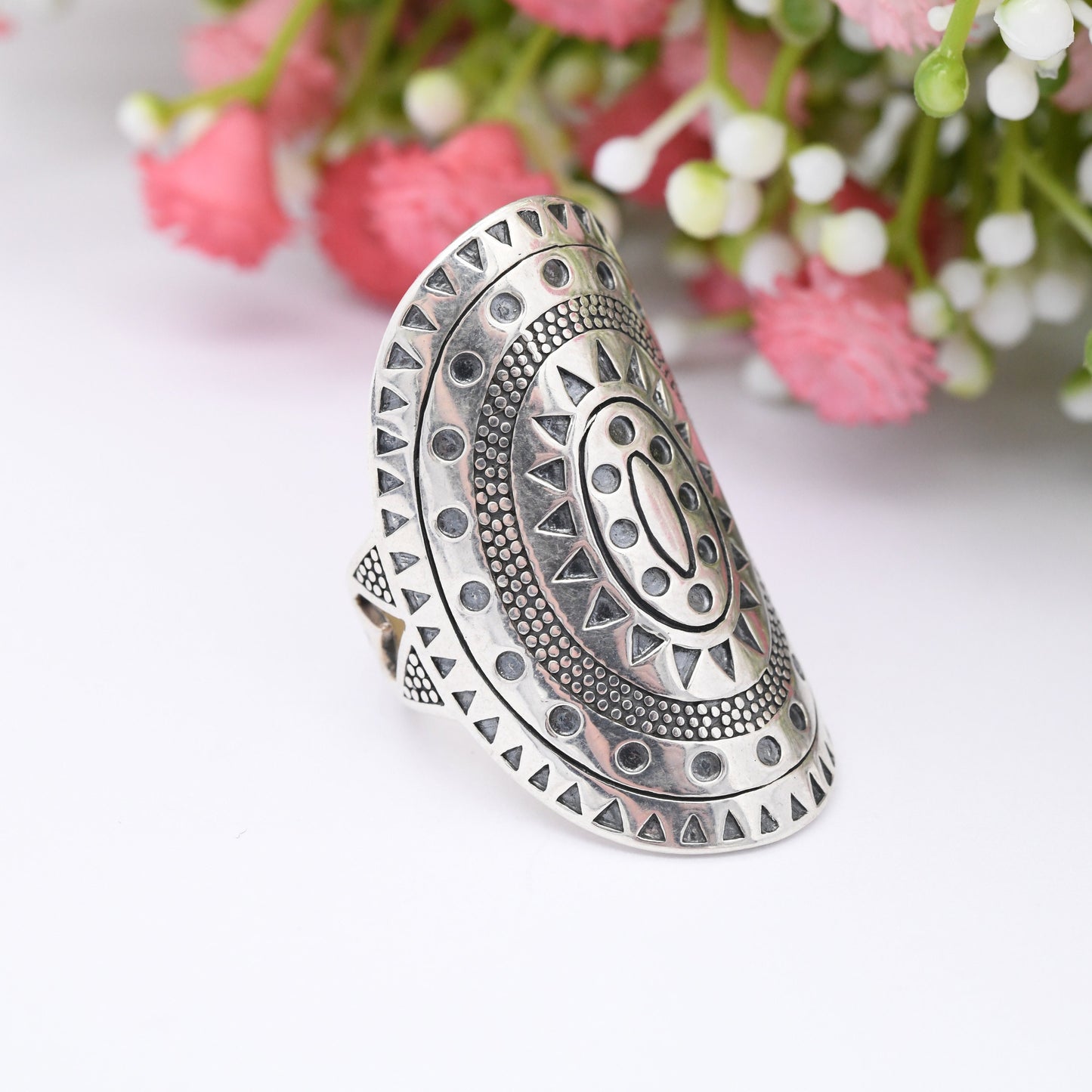 Vintage Sterling Silver Armour Ring with Southwestern Design - Statement Finger Ring | American Style | UK Size - N | US Size - 6 1/2