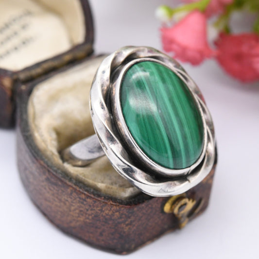 Vintage Mexico Sterling Silver Malachite Ring CII - Chunky Mid-Century Statement | Rope Twist Bezel | UK Size - P | US Size - 7 1/2