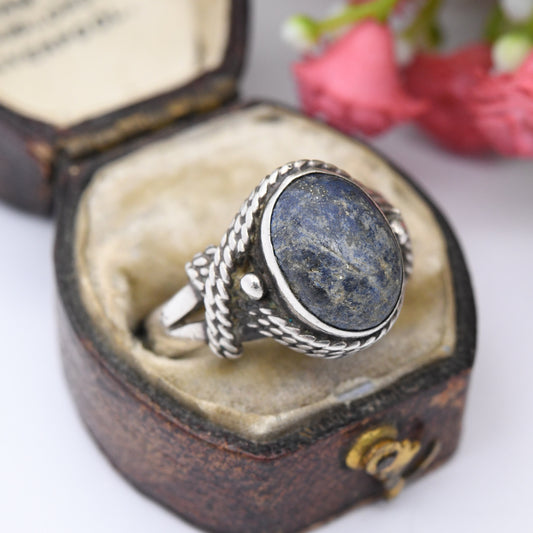 Vintage Sterling Silver Lapis Lazuli Ring Twisted Rope Bezel - Mid-Century Modernist | Unpolished Gemstone | UK Size - O | US Size - 7 1/4