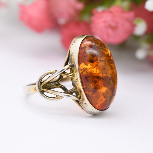 Vintage Sterling Silver and Amber Statement Ring 1998 - Gold Plated Silver | Celtic Knot Shoulders | UK Size - L 1/2 | US Size - 6