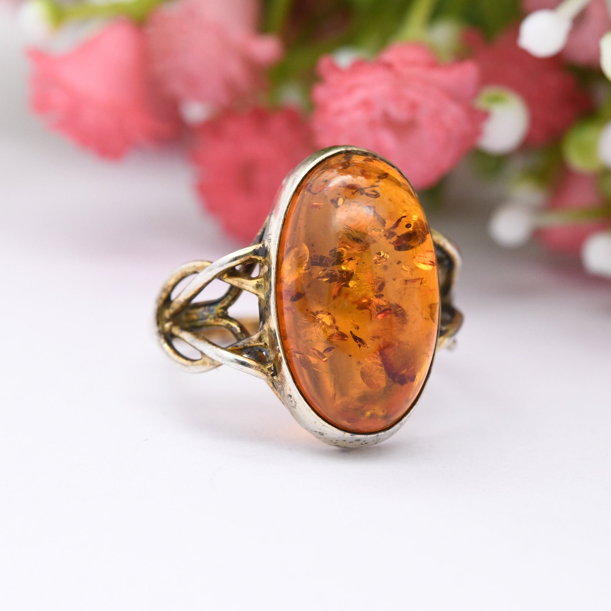 Vintage Sterling Silver and Amber Statement Ring 1998 - Gold Plated Silver | Celtic Knot Shoulders | UK Size - L 1/2 | US Size - 6