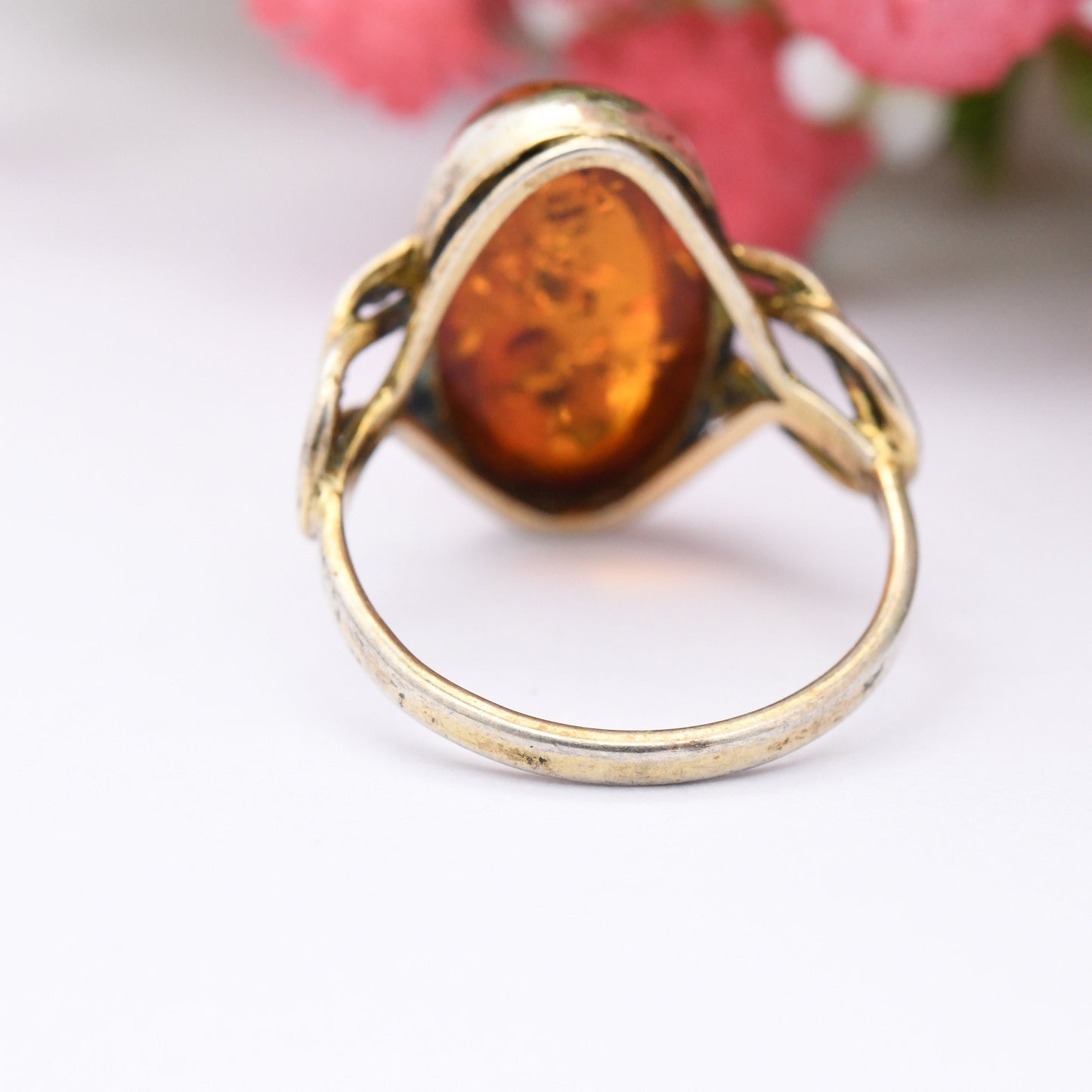 Vintage Sterling Silver and Amber Statement Ring 1998 - Gold Plated Silver | Celtic Knot Shoulders | UK Size - L 1/2 | US Size - 6