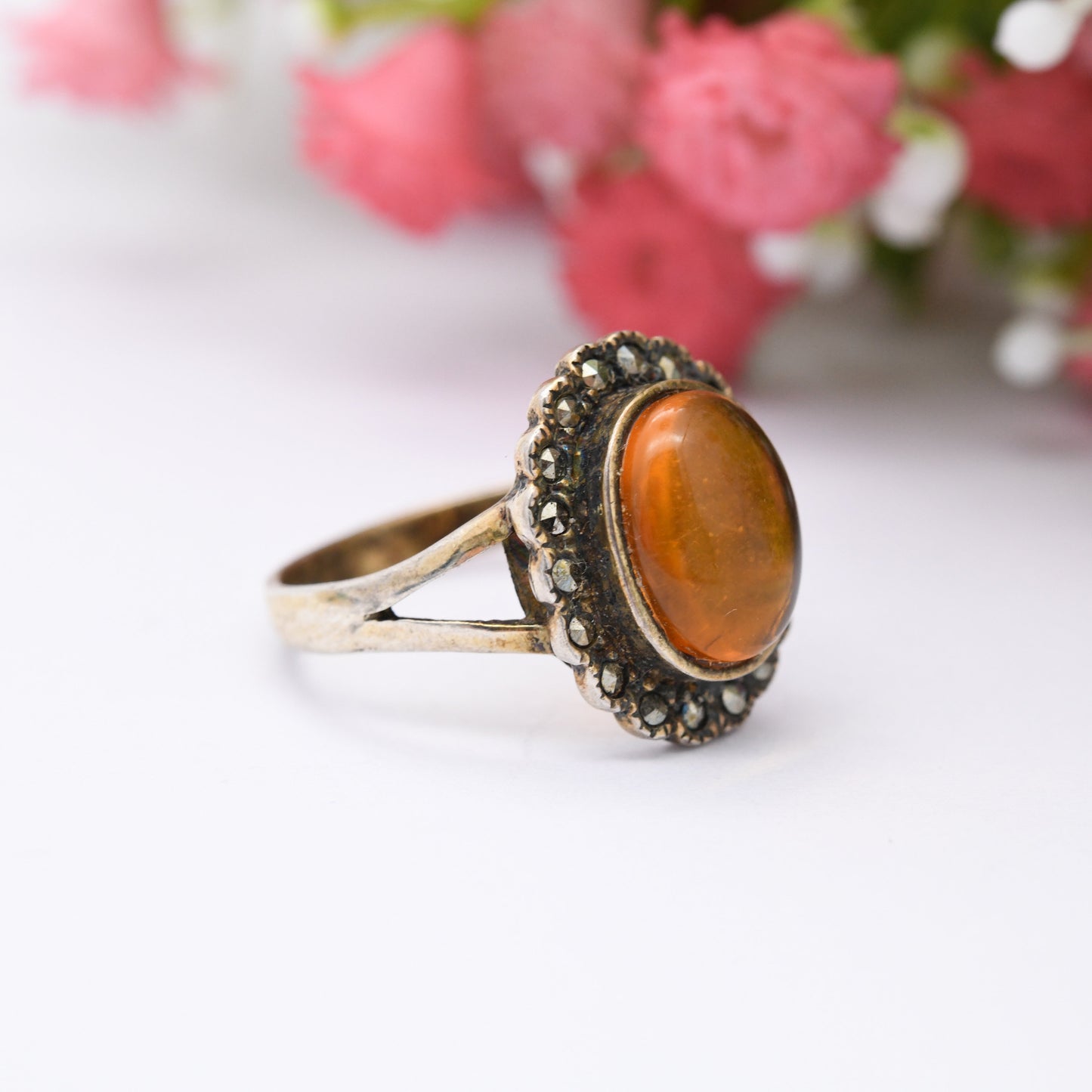 Vintage Sterling Silver Amber Ring with Floral Marcasite Halo - Statement Cocktail | Gold Plated | UK Size - M 1/2 | US Size - 6 1/2