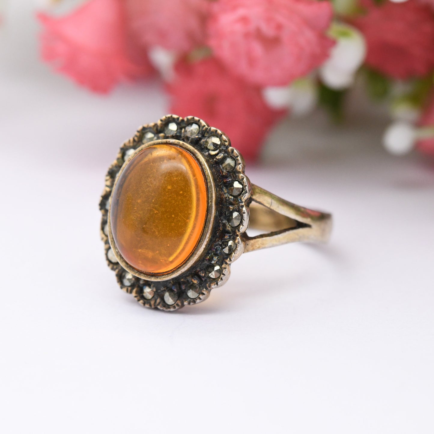 Vintage Sterling Silver Amber Ring with Floral Marcasite Halo - Statement Cocktail | Gold Plated | UK Size - M 1/2 | US Size - 6 1/2