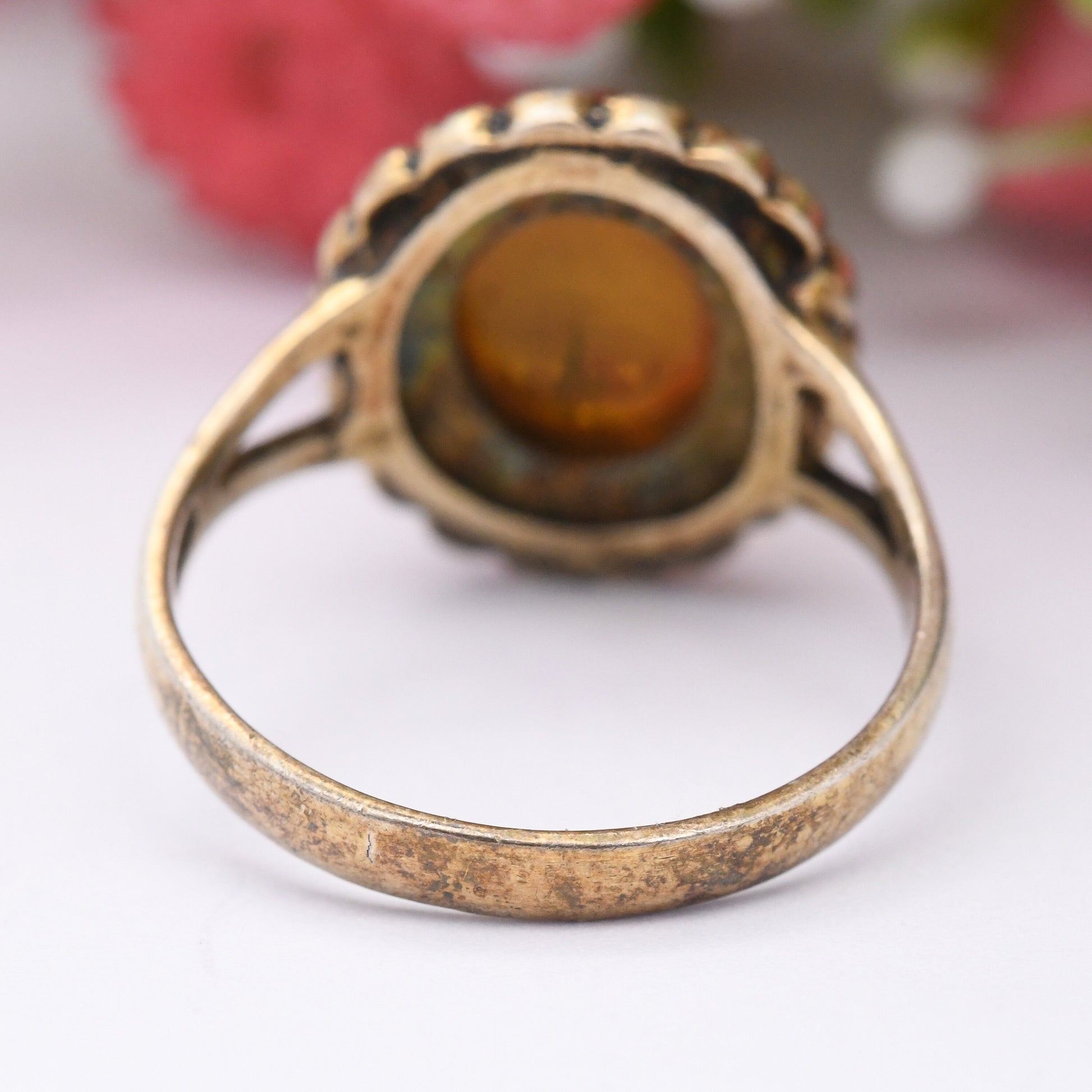 Vintage Sterling Silver Amber Ring with Floral Marcasite Halo - Statement Cocktail | Gold Plated | UK Size - M 1/2 | US Size - 6 1/2