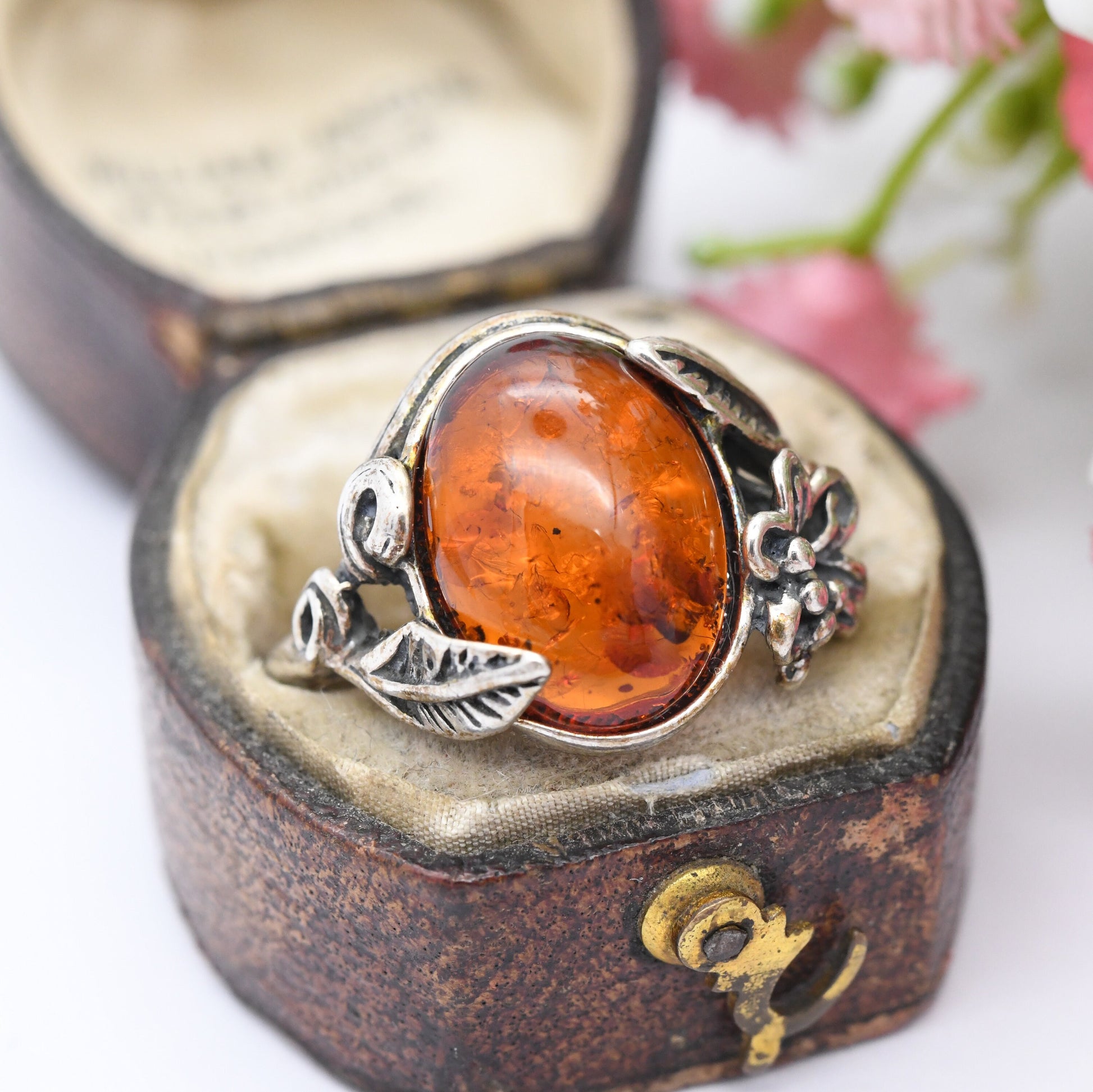 Vintage Sterling Silver Amber Leaf Ring - Statement Ornate Floral Band | UK Size - P 1/2 | US Size - 7 3/4