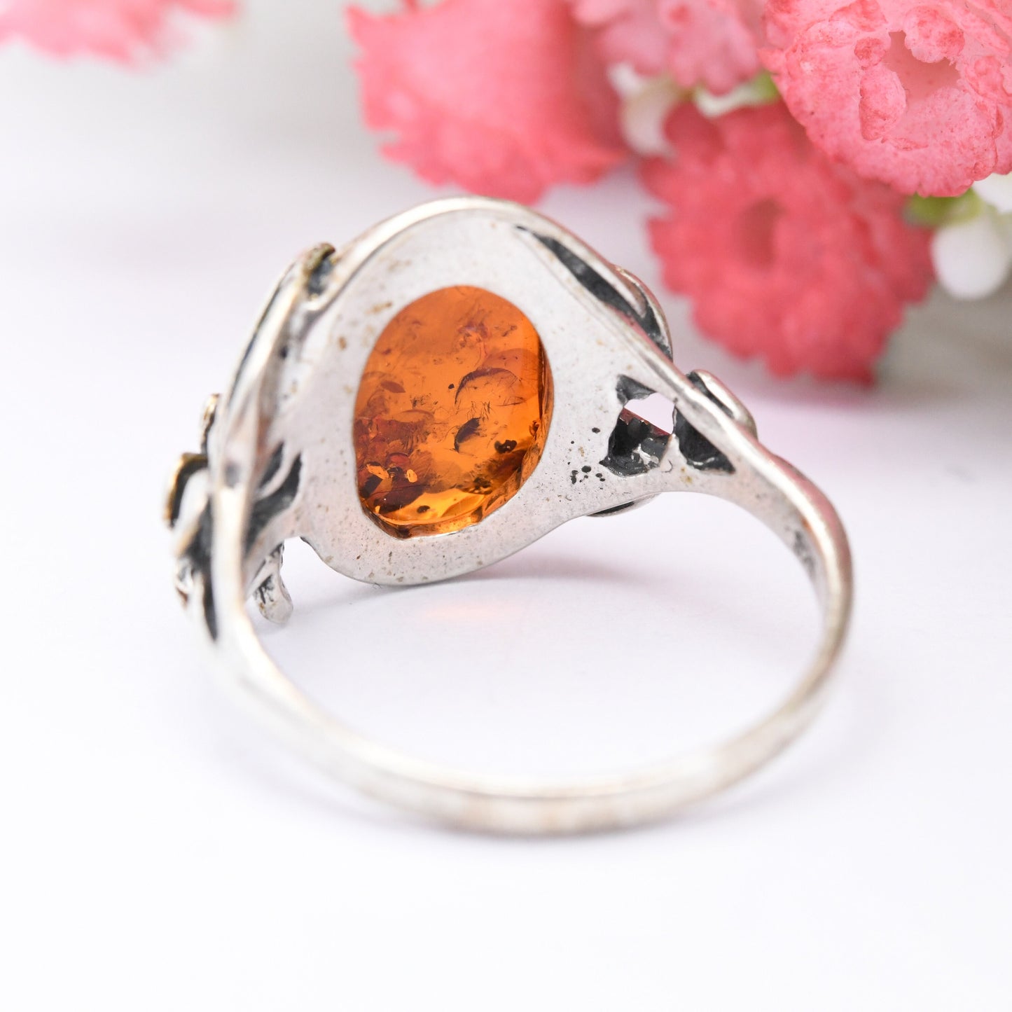 Vintage Sterling Silver Amber Leaf Ring - Statement Ornate Floral Band | UK Size - P 1/2 | US Size - 7 3/4