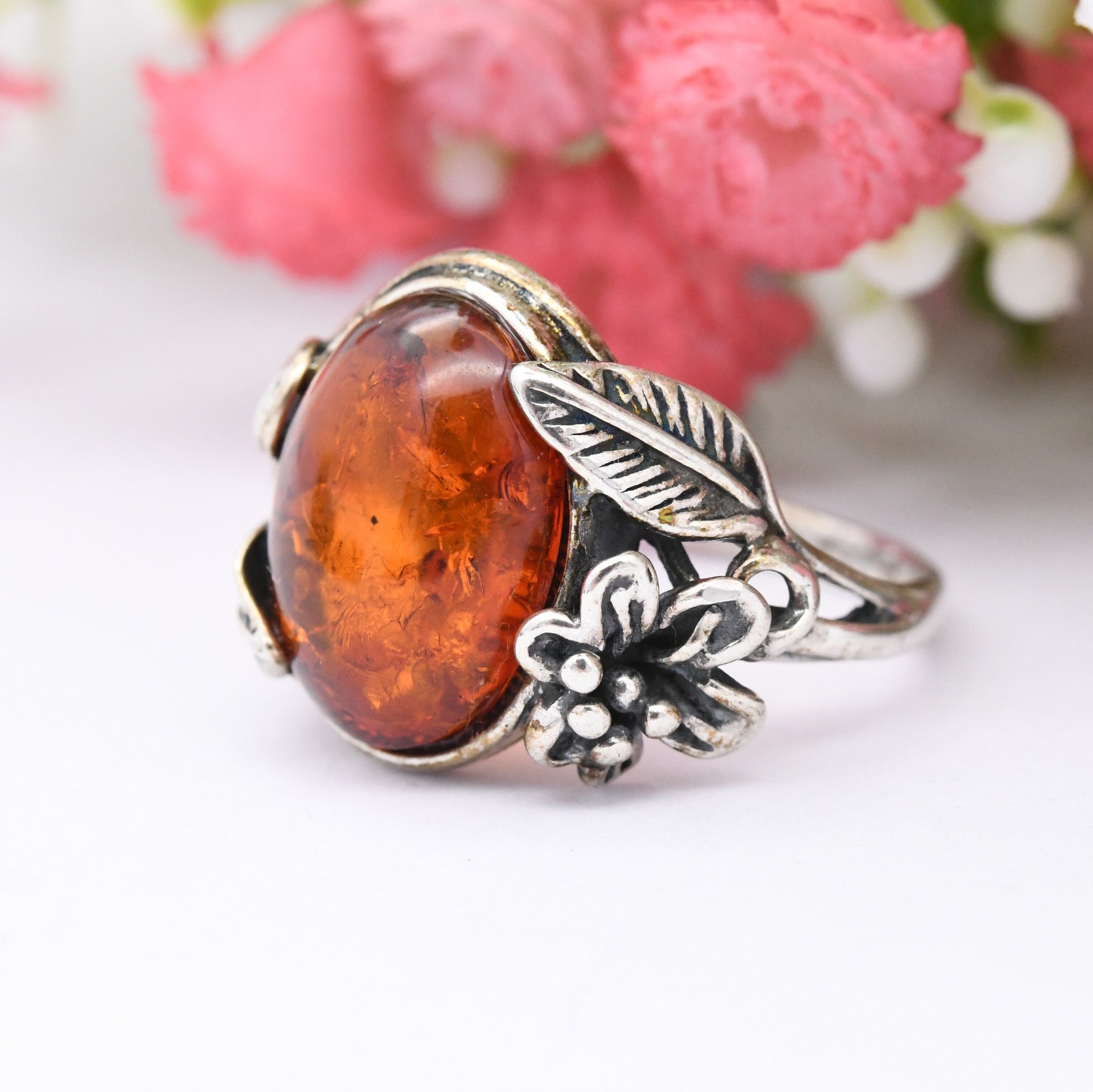 Vintage Sterling Silver Amber Leaf Ring - Statement Ornate Floral Band | UK Size - P 1/2 | US Size - 7 3/4