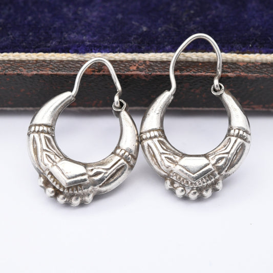 Vintage Sterling Silver Creole Hoop Earrings - Ornate Chunky Hoops | Mid-Century Victorian Style