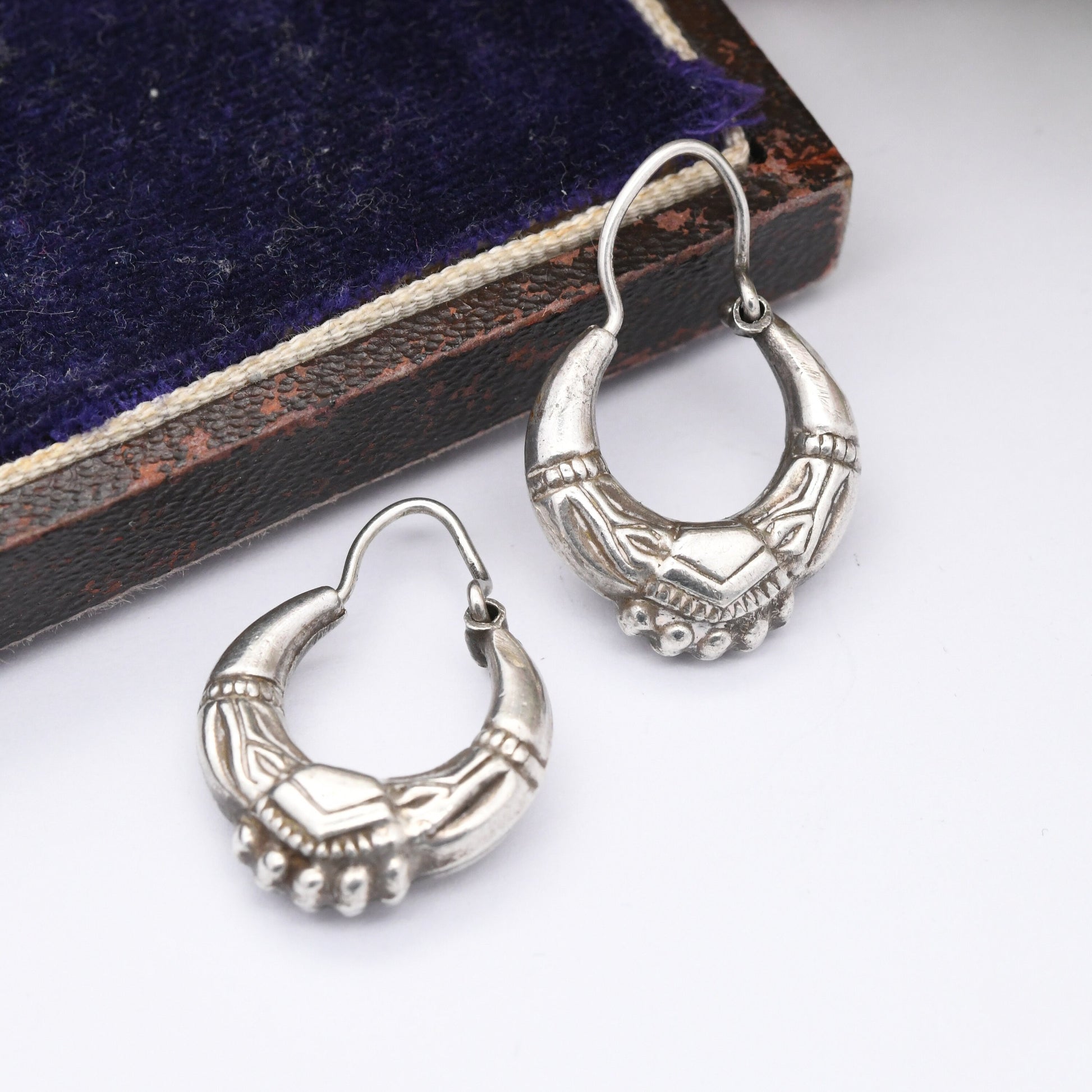 Vintage Sterling Silver Creole Hoop Earrings - Ornate Chunky Hoops | Mid-Century Victorian Style