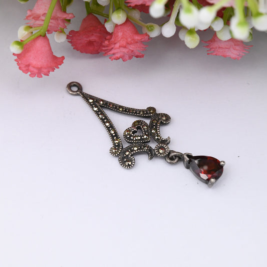 Vintage Sterling Silver Marcasite Pendant with Garnet Drop - Ornate Openwork Heart Design